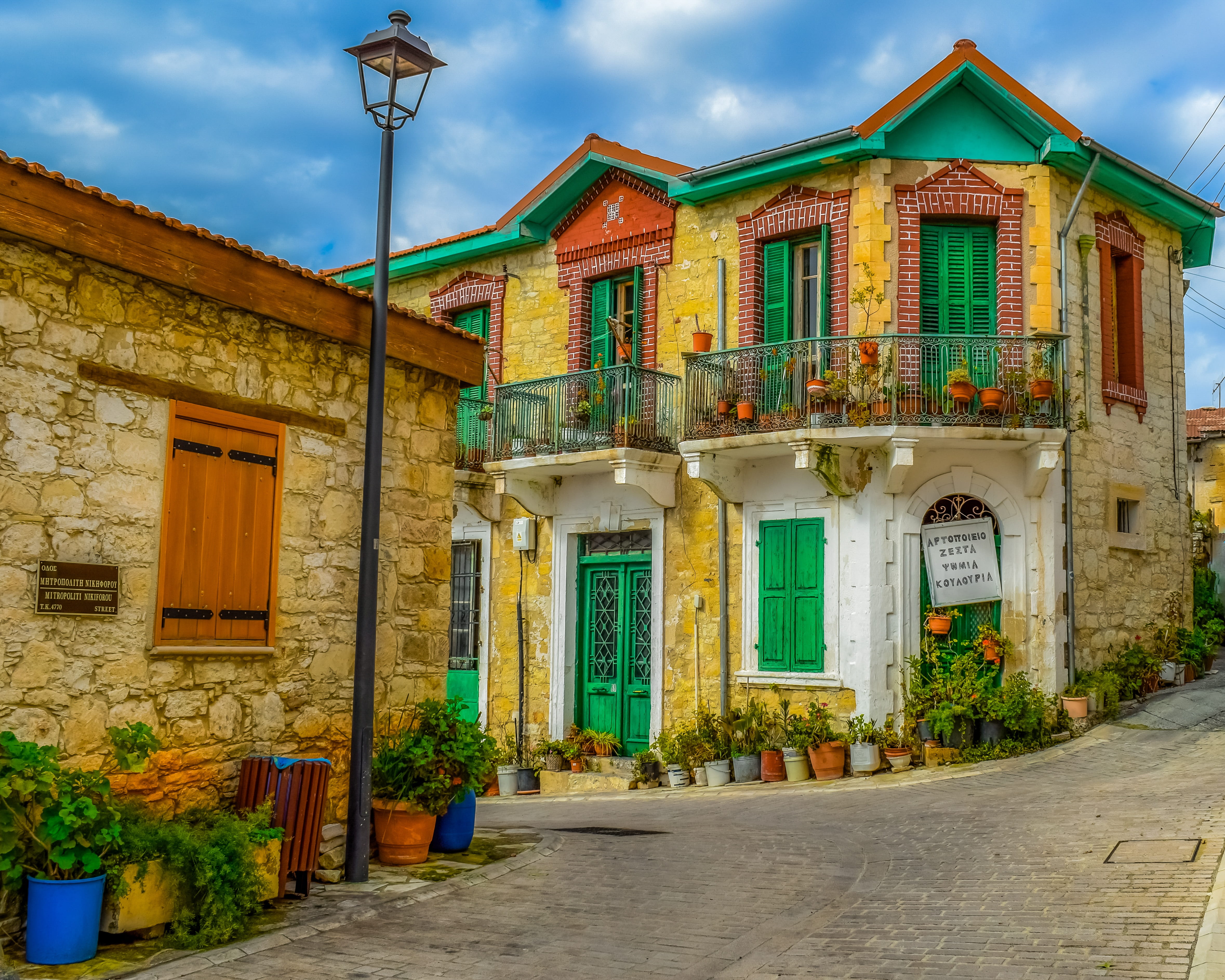 no people, entrance, house, lighting equipment, arsos, vintage, neoclassic, footpath, facade, traditional, lamp, potted plant, architecture, residential district, HD Wallpaper