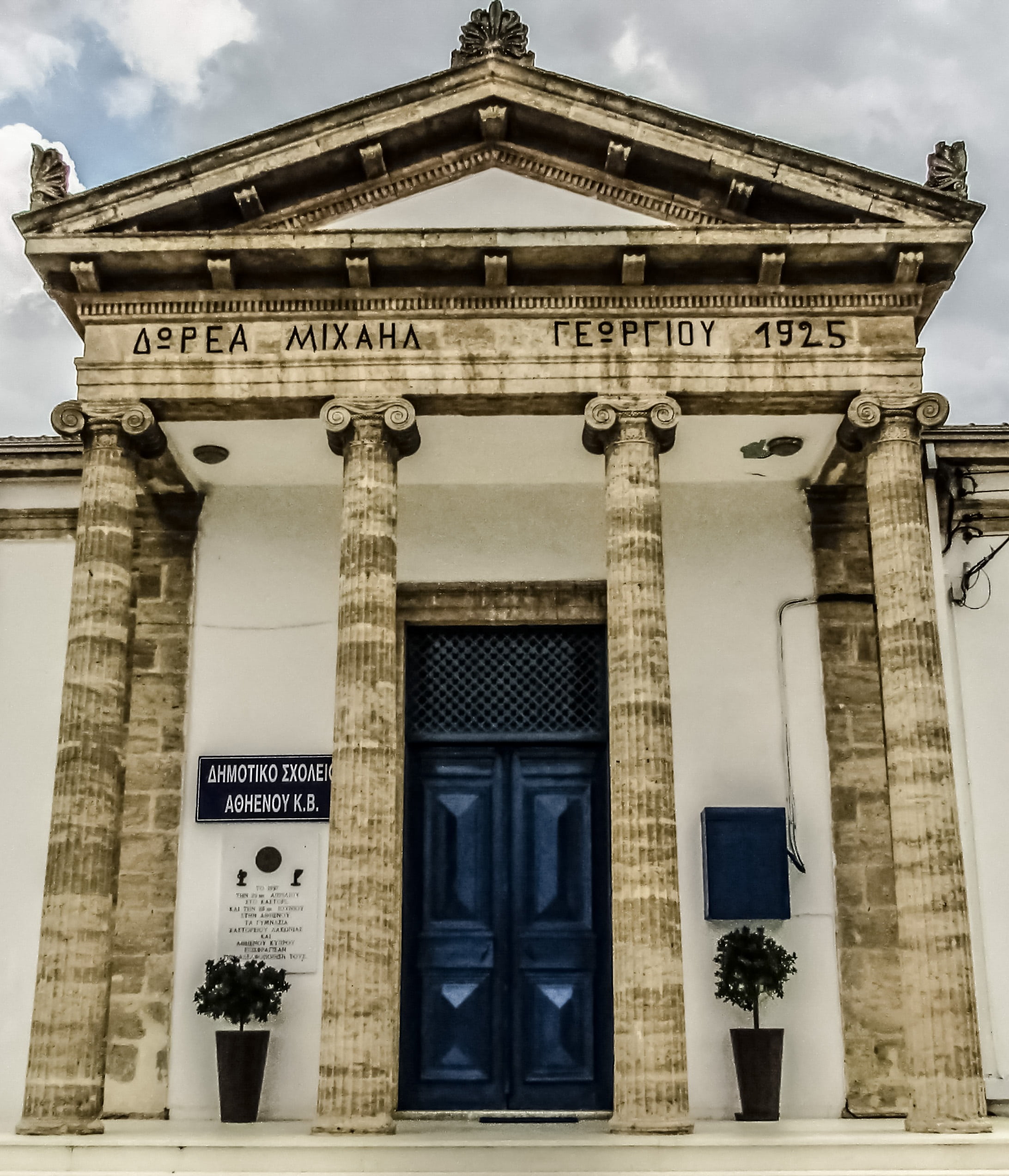low angle view, the past, facade, cyprus, travel, neoclassic, building, western script, communication, architecture, sky, history, 1080P, travel destinations, Phone HD Wallpaper