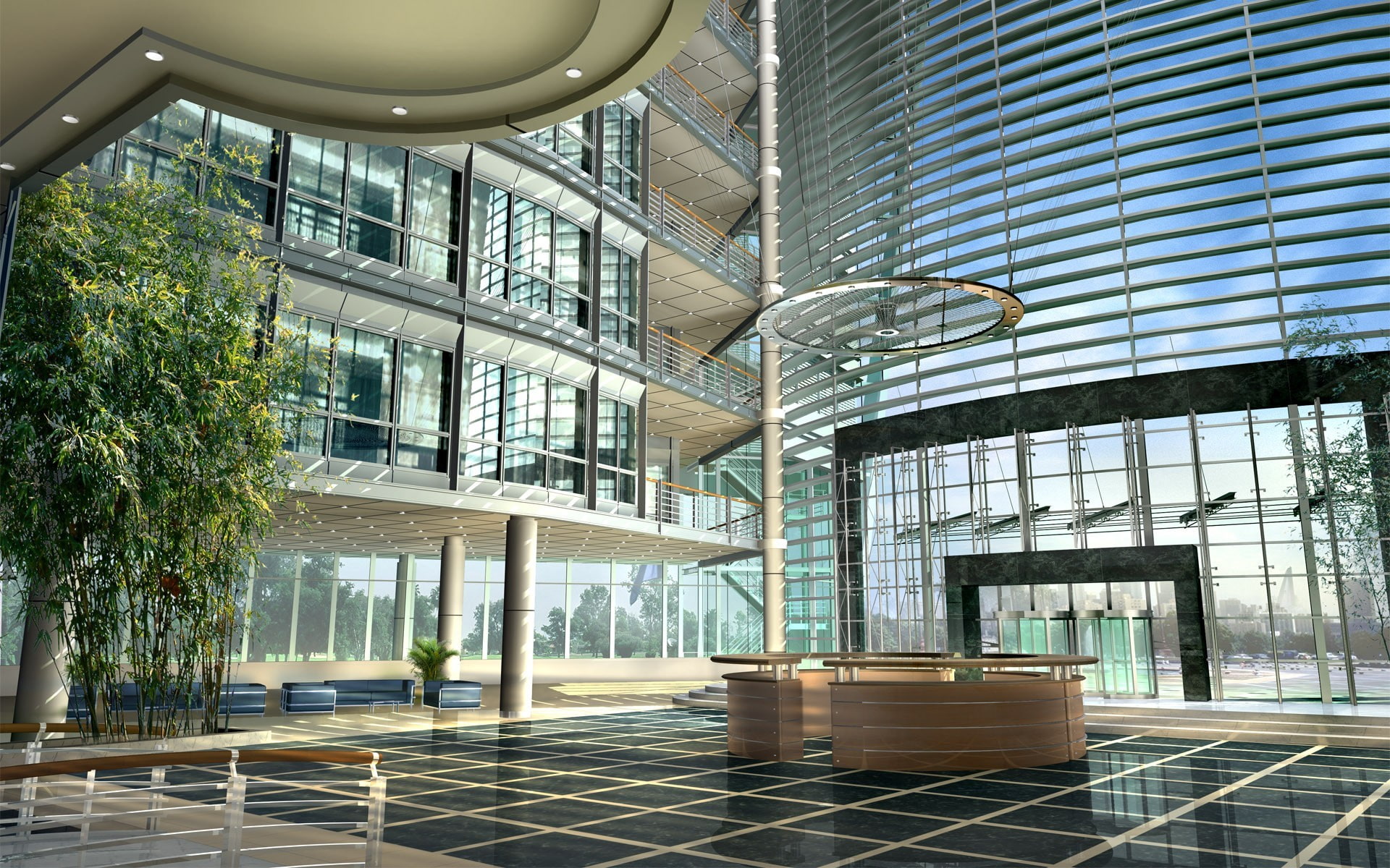 interior, glass - material, 1080P, window, architecture, outdoors, nature, empty, luxury, office building exterior, flooring, alloy, architectural column, HD Wallpaper