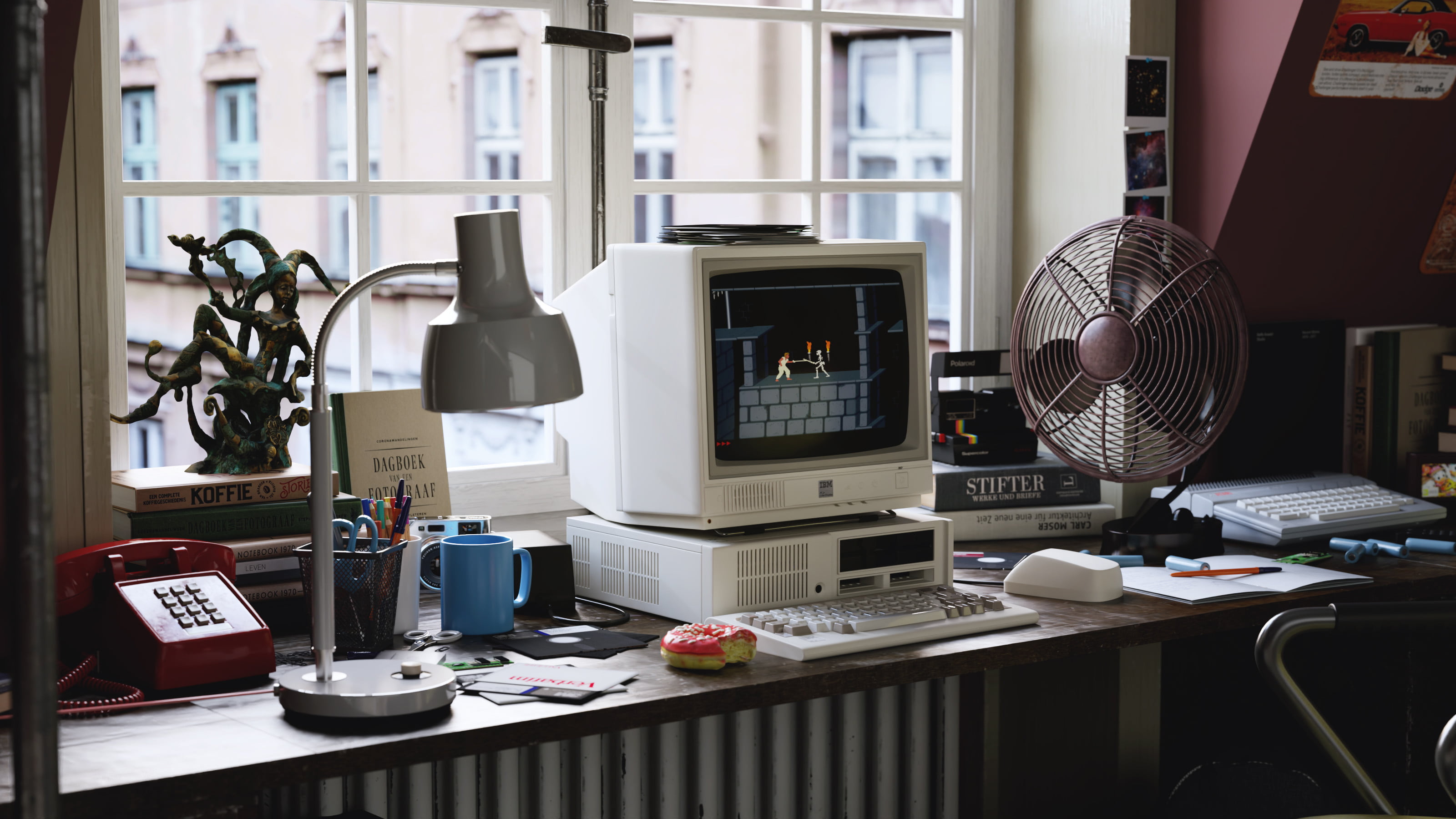 donut, indoors, food, sweets, 3dsmax, Retro computers, 2K, desk, digital art, artwork, ArtStation, retro games, Andrew Averkin, HD Wallpaper