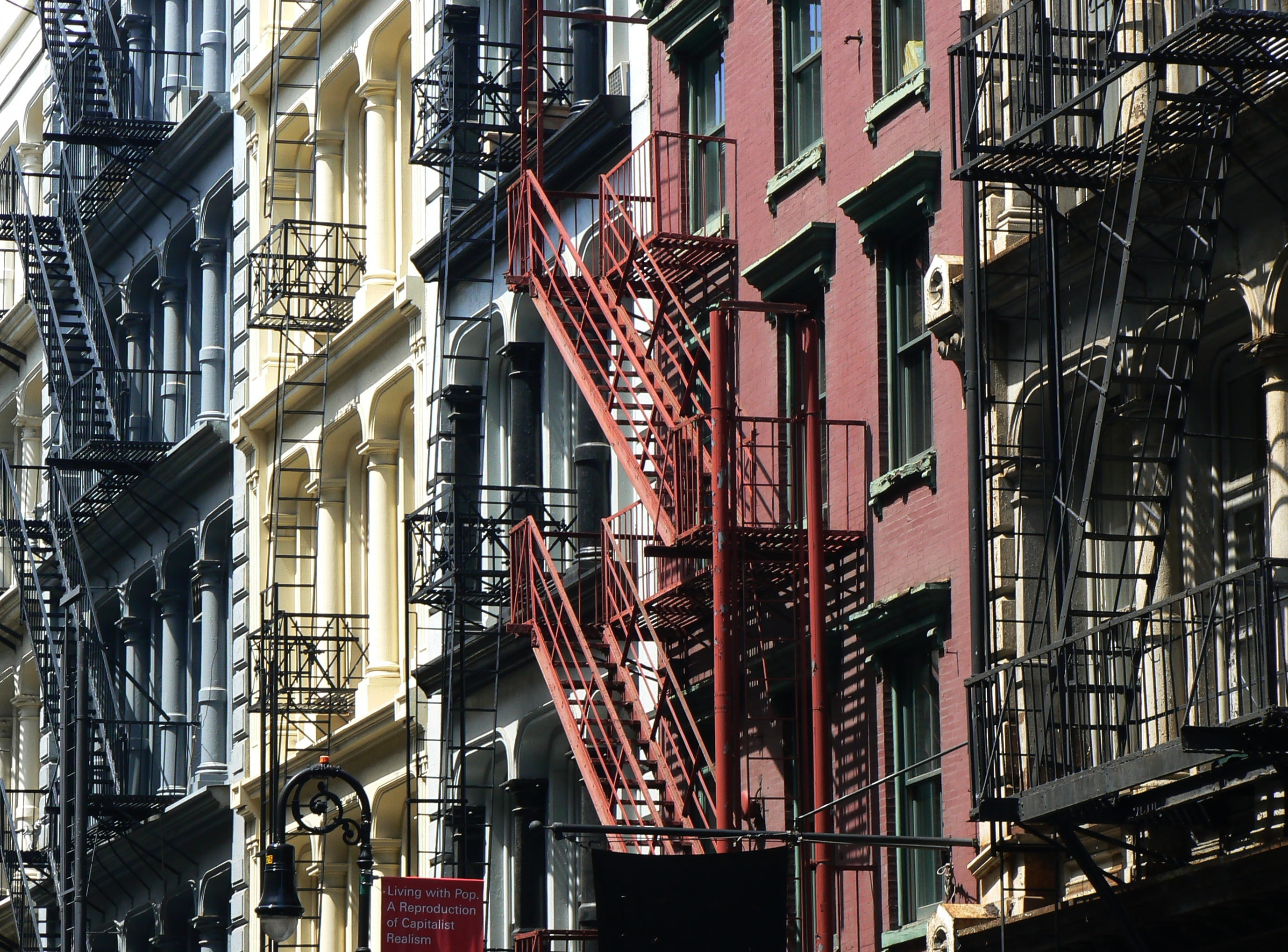 day, fire protection, architecture, safety, window, building exterior, usa, soho, fire escape, building code, no people, urgency, steel stairs, steps and staircases, HD Wallpaper