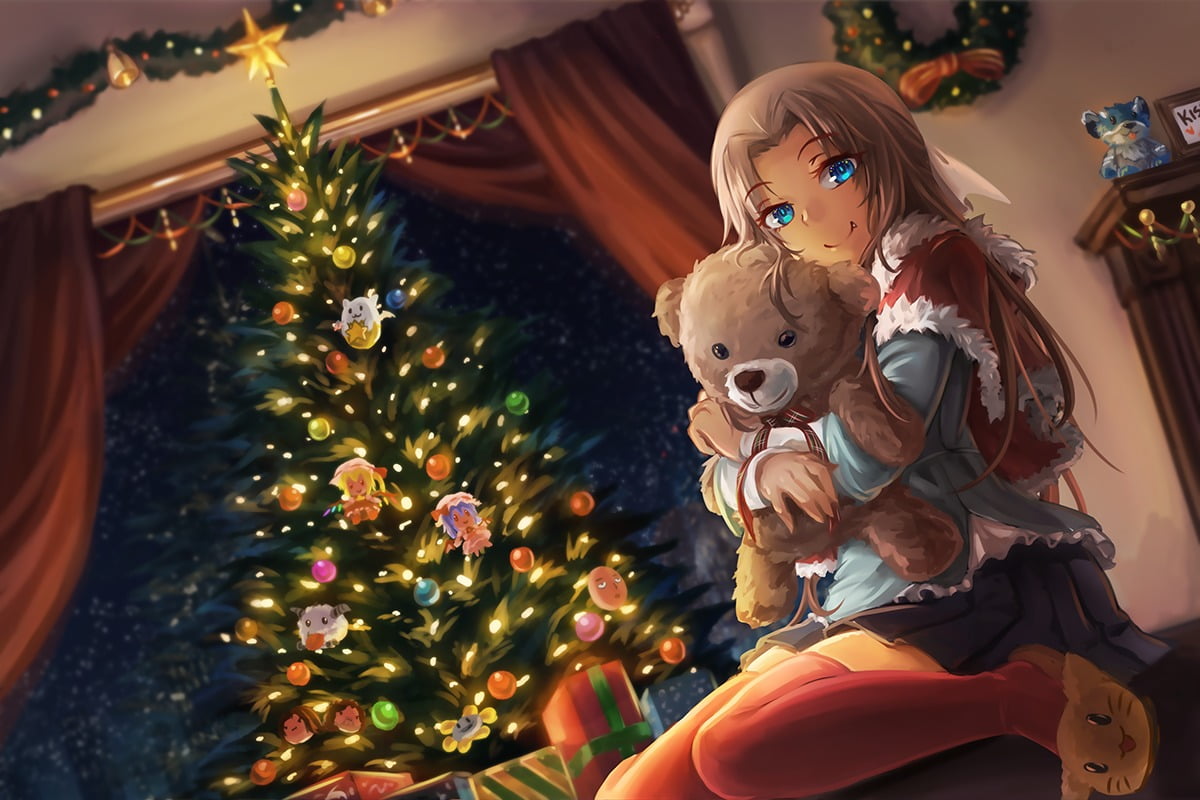 christmas decoration, anime girls, illuminated, no people, christmas, thigh-highs, Christmas Tree, holiday - event, celebration, 480P, holiday, fan art, HD Wallpaper