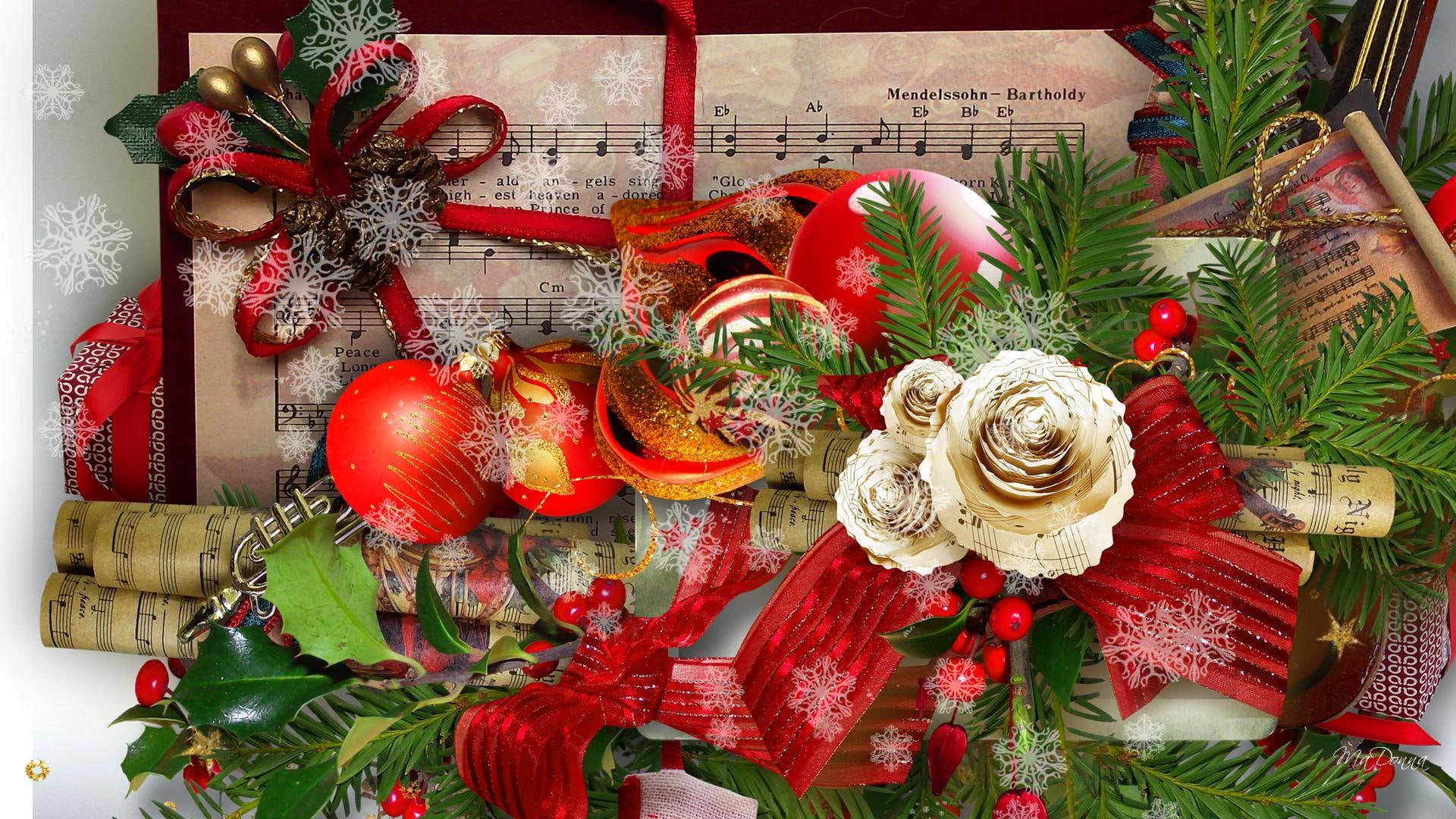 home, ribbons, 1080P, bows, holiday, balls, spruce, 3d, pine, xmas, flowers, music, christmas, holidays, feliz navidad, HD Wallpaper