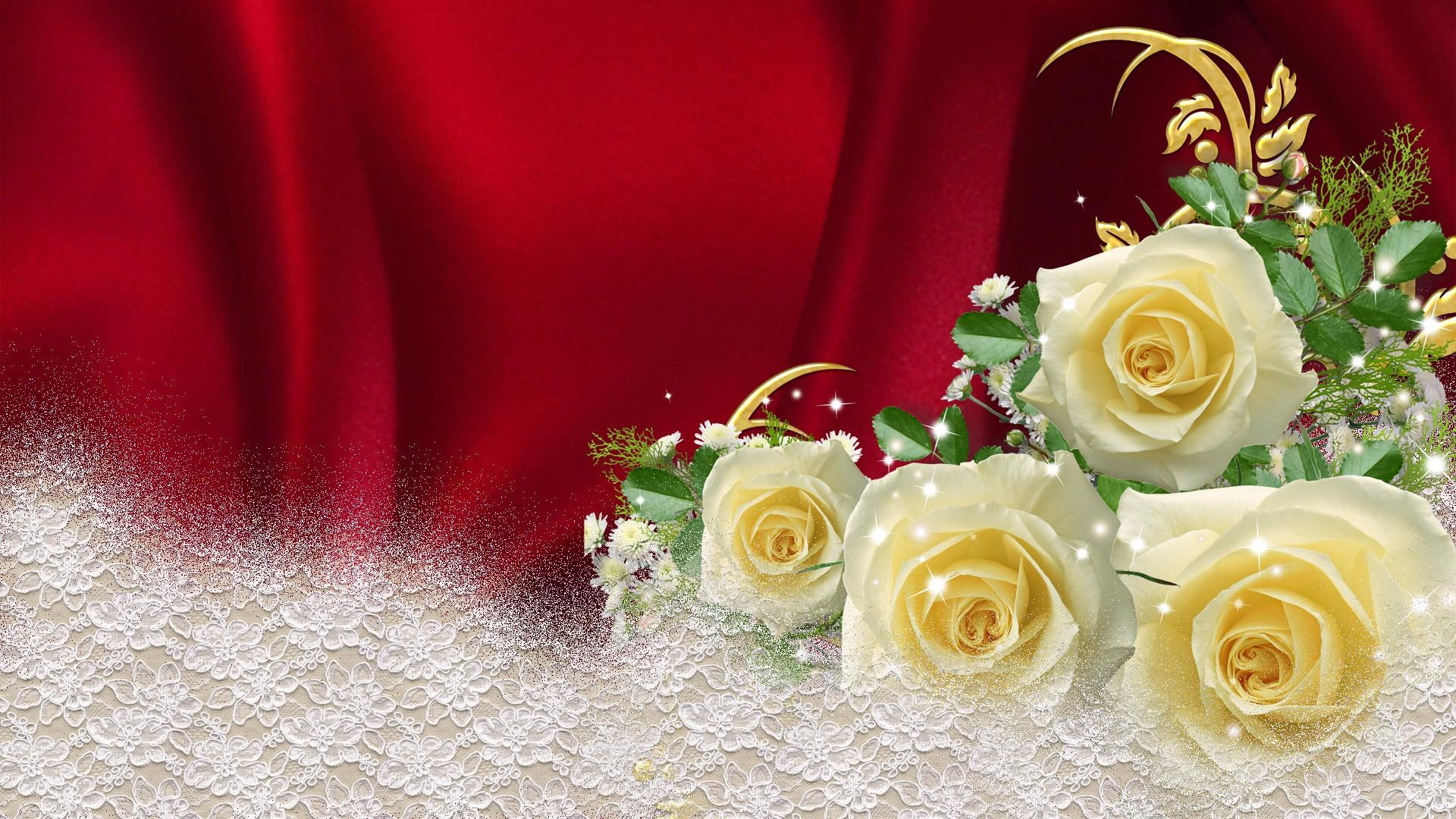 snow, luxurious, satin, rich, babys breath, flowers, white lace, yellow, red, 1080P, yellow roses, silk, gold, roses, luxury, glamour, HD Wallpaper