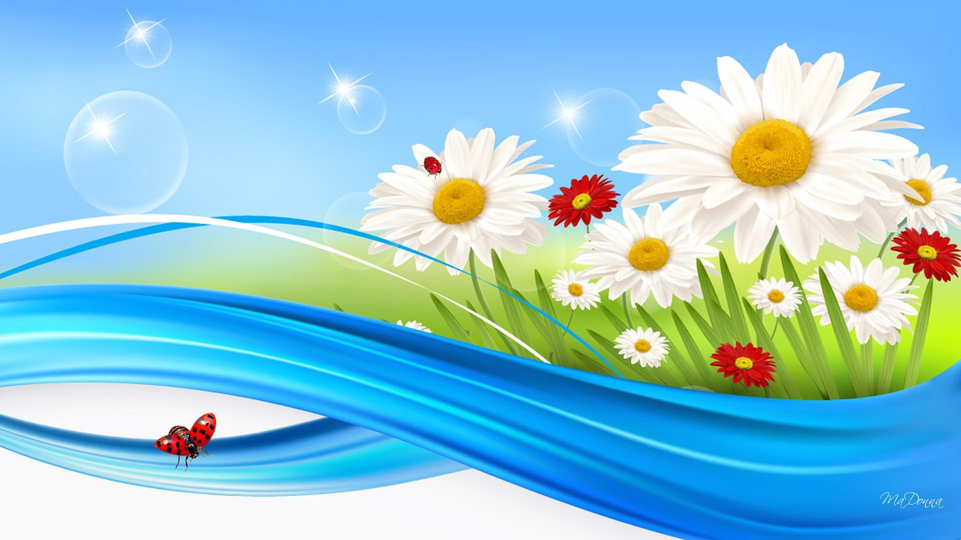 glow, swish, shasta, wave, 1080P, grass, daisies, daisy, summer, spring, flowers, blue, bubbles, abstract, HD Wallpaper