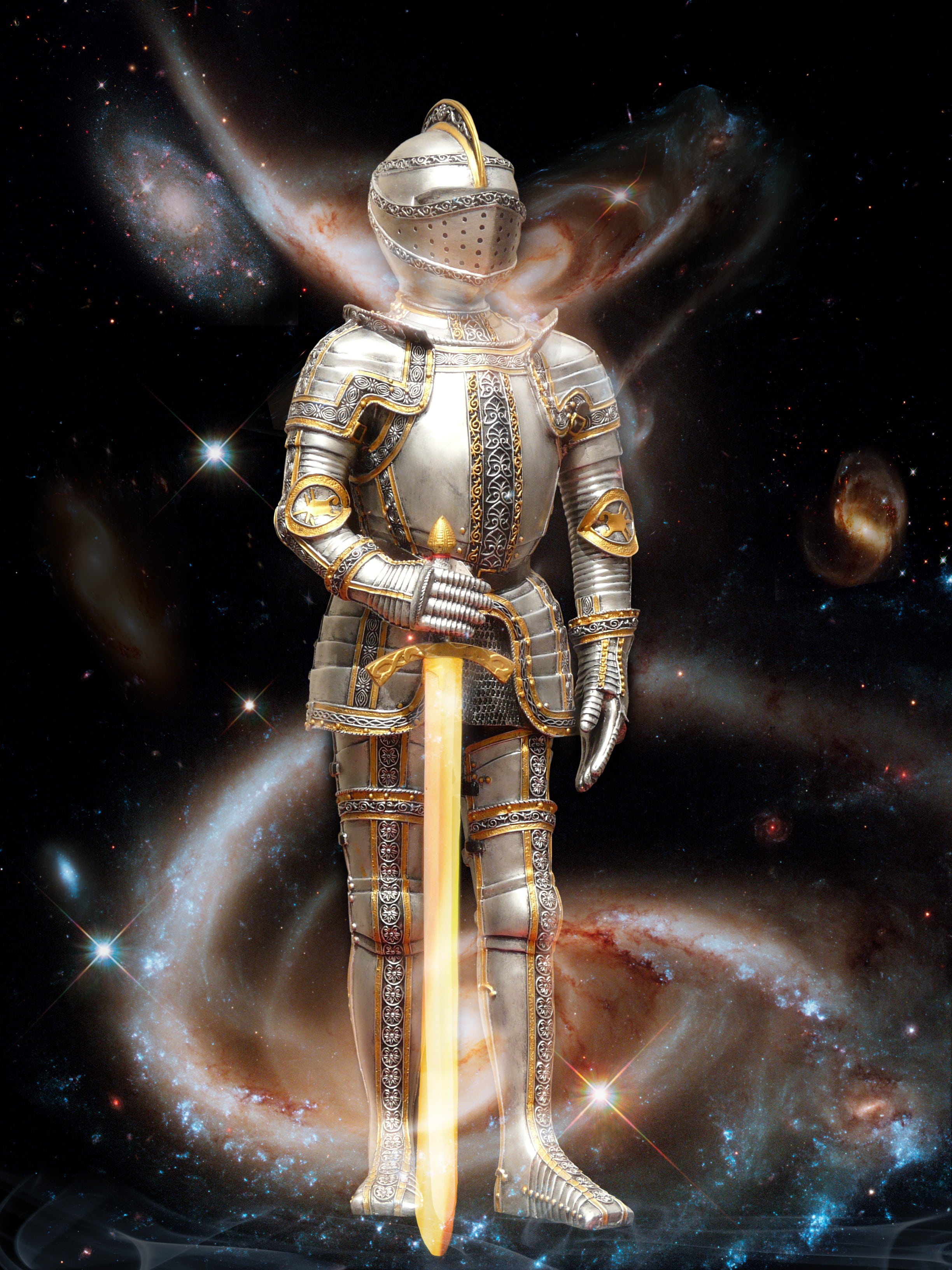 creativity, warrior, religion, no people, energy, human representation, sculpture, forward, gold colored, fantasy picture, night, knight, science, belief, Phone HD Wallpaper