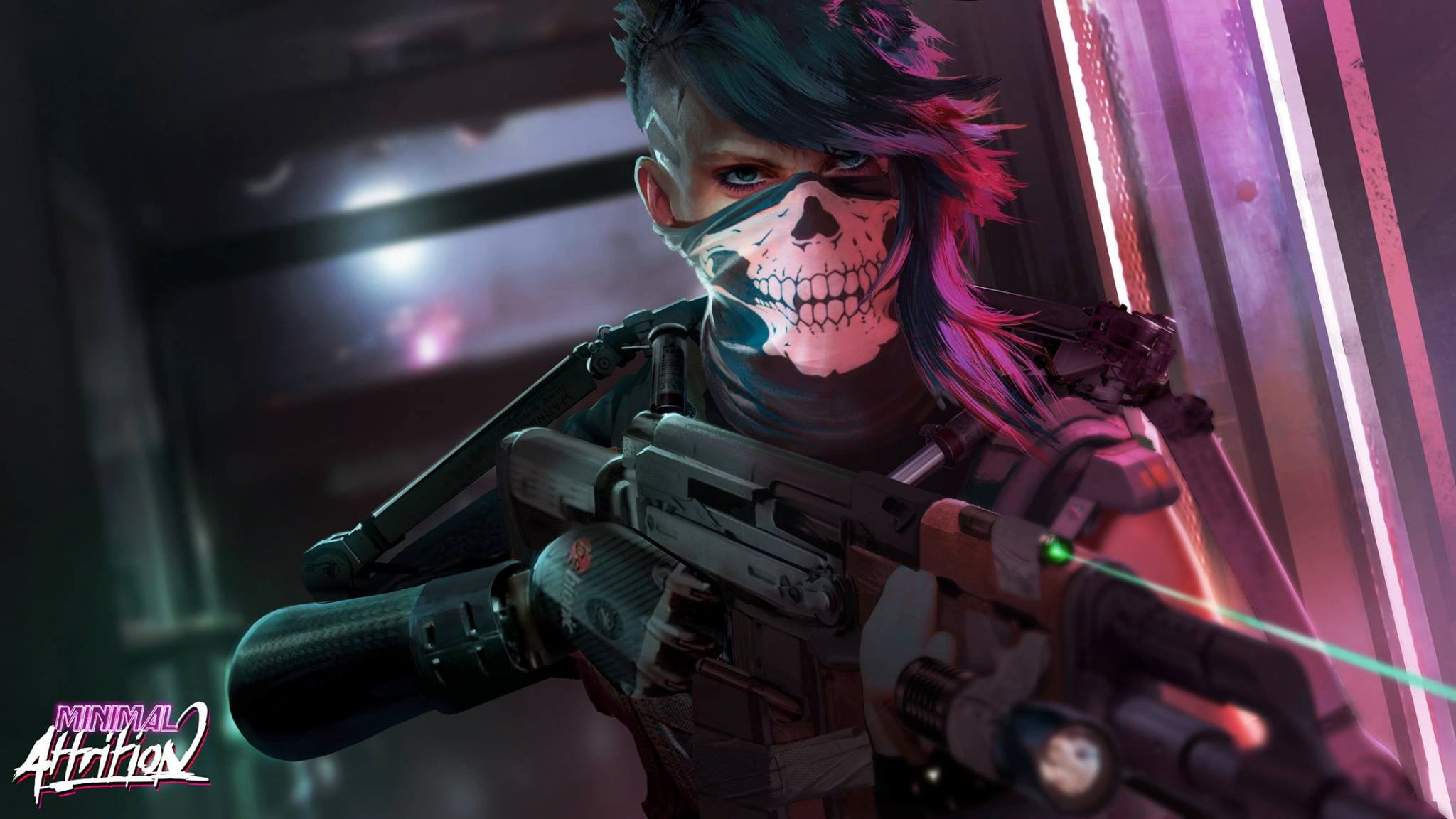 assault rifle, cyborg, David Paget, digital painting, undercut (hairstyle), women, dyed hair, artwork, black rifle, girls with guns, 1080P, digital art, HD Wallpaper