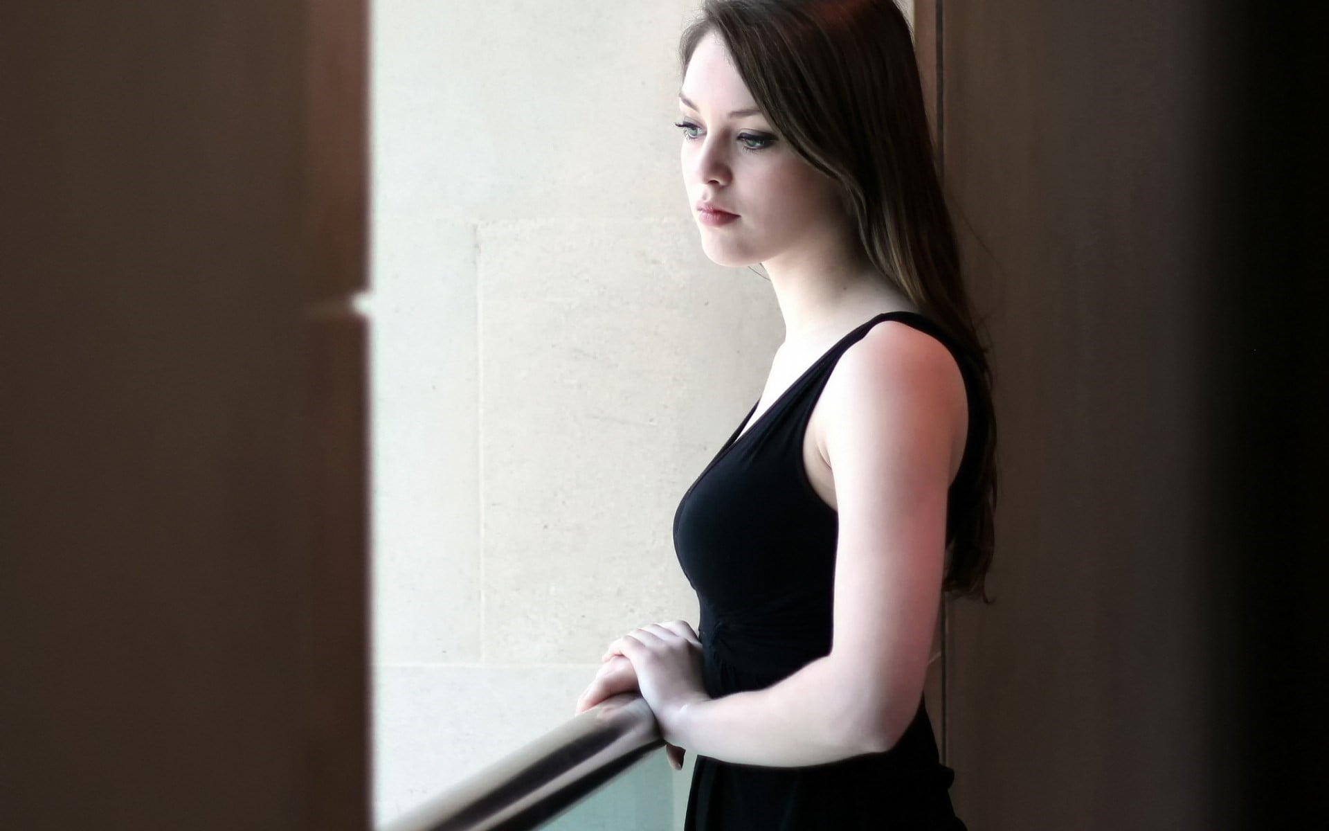 hair, young adult, 1080P, waist up, indoors, one person, three quarter length, brown hair, beauty, beautiful woman, black dress, portrait, standing, hairstyle, HD Wallpaper
