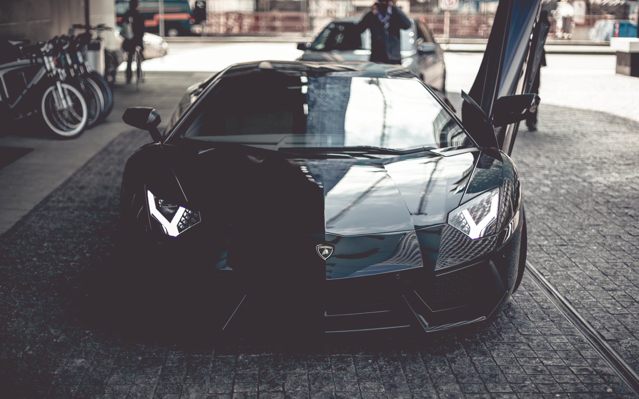 Opened, Lamborghini, Door, aventador, Supercar, View, Front, 2K, Black, HD Wallpaper