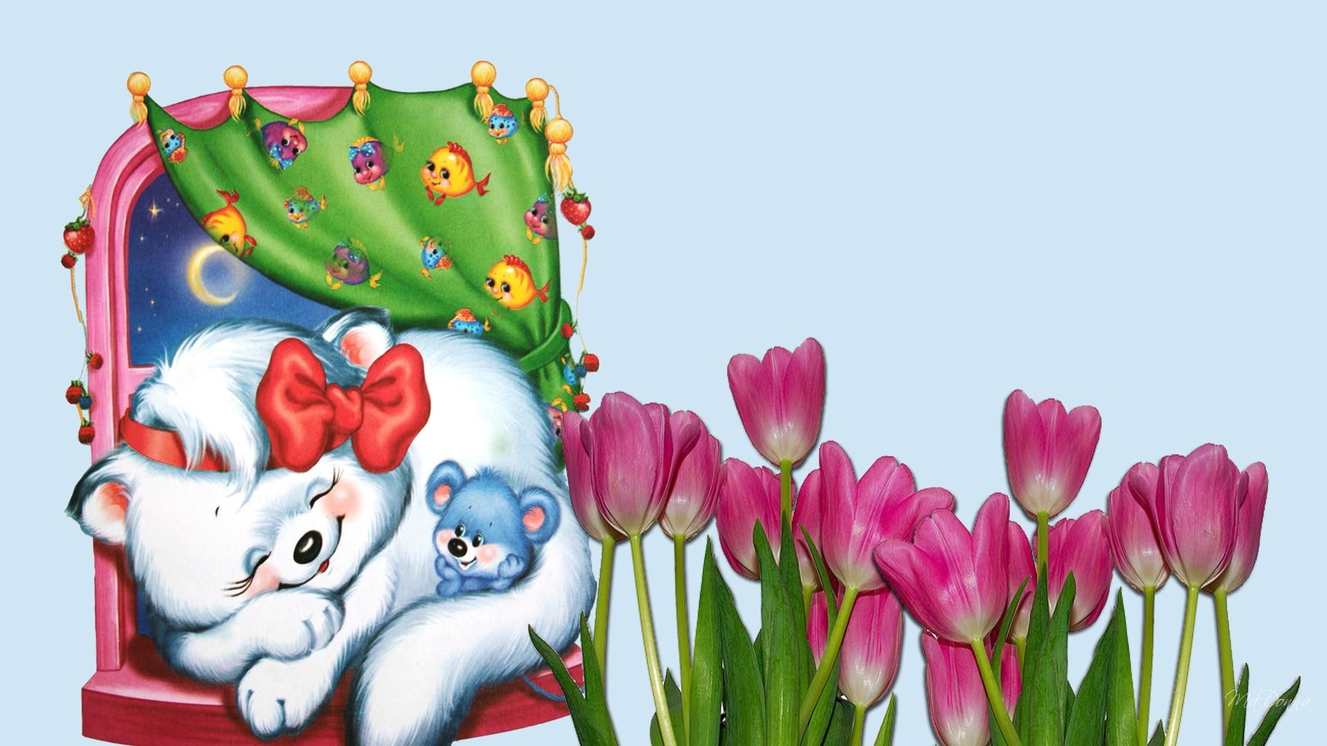 blue, curtain, 1080P, persona, sleeping, flowers, pink, kitten, cat, near, kitty, window sill, mouse, animals, cute, painting, spring, tulips, HD Wallpaper