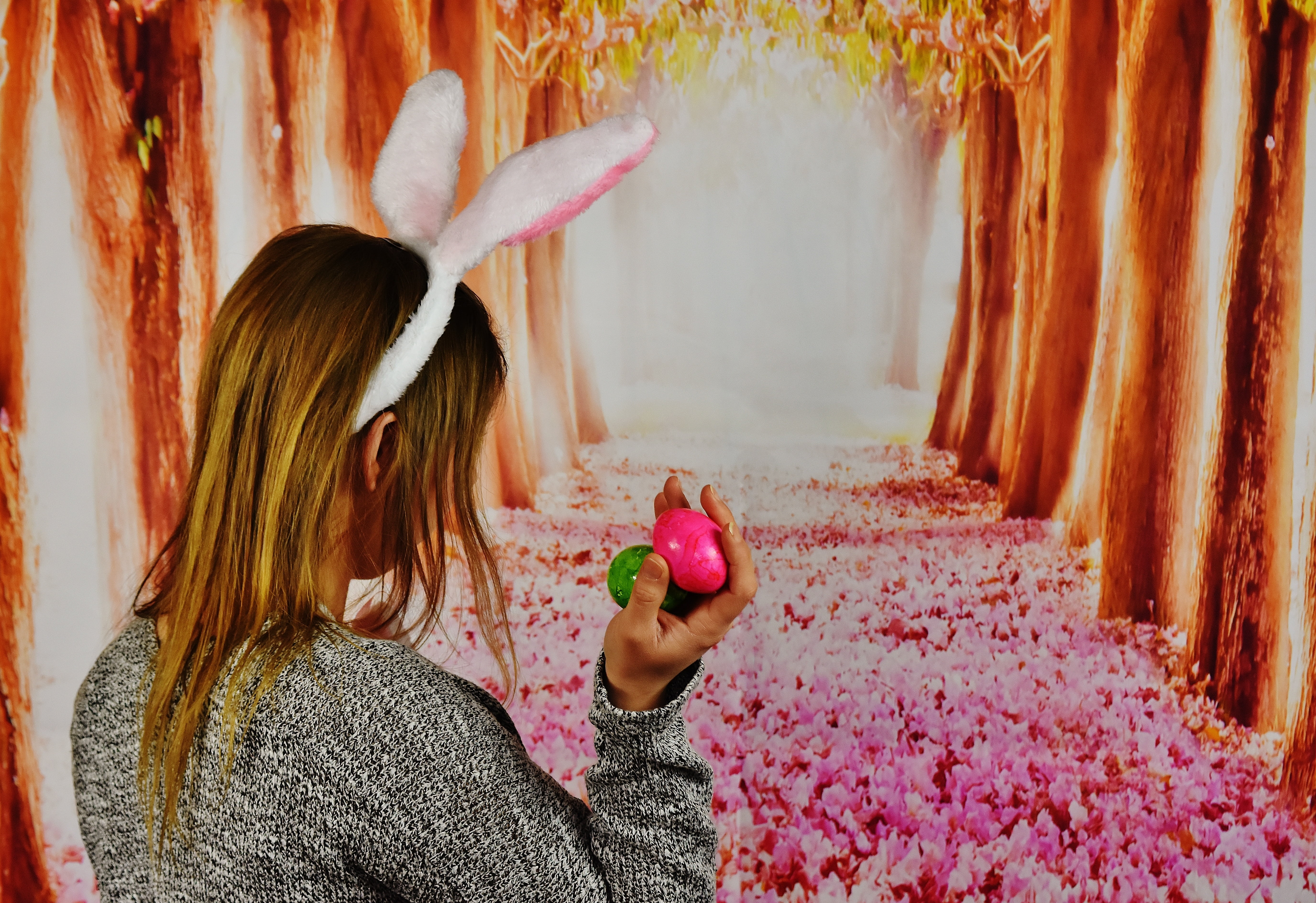 blond hair, wearing, girls, one person, day, one woman only, pink color, rear view, long hair, lifestyles, hairstyle, indoors, easter eggs, females, easter greetings, HD Wallpaper