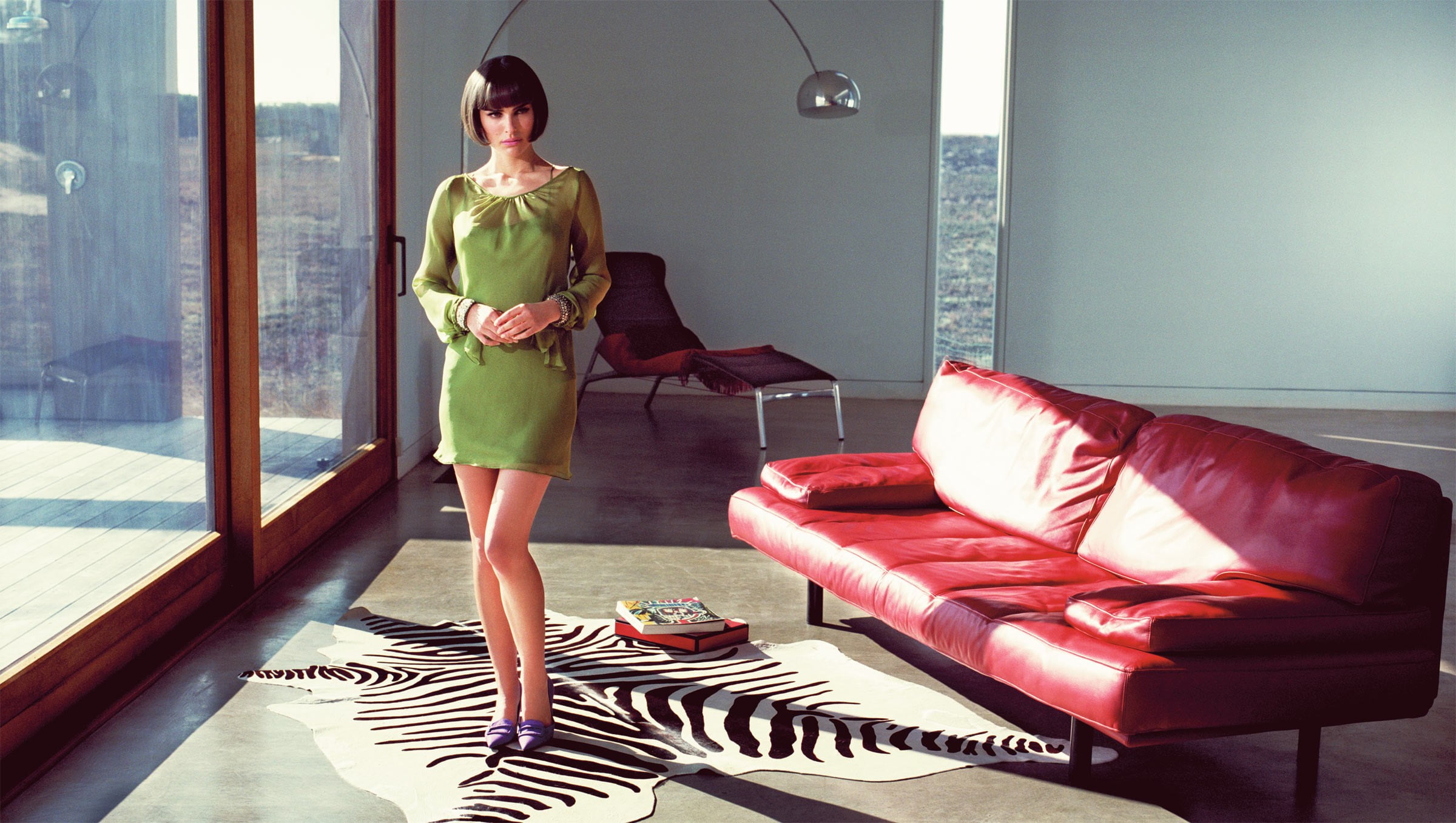 couch, clothing, casual clothing, Natalie Portman, furniture, sleeved, green, young women, window, indoors, sofa, adult, luxury, hotel room, emotion, sunlight, HD Wallpaper