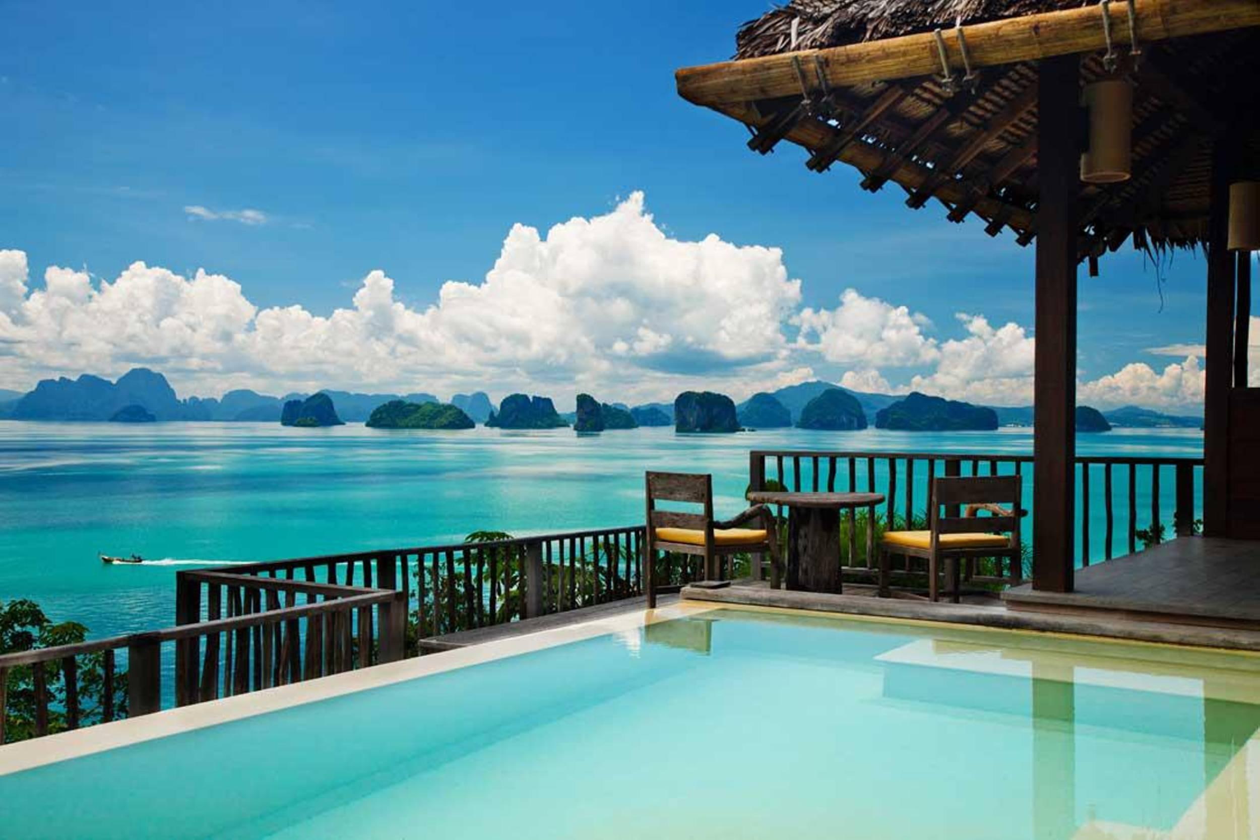 brown, chairs, asia, divine, table, thail, suite, mountains, resort, pool, 1080P, apartment, view, retreat, blue, lagoon, tropical, room, hotel, wooden, HD Wallpaper