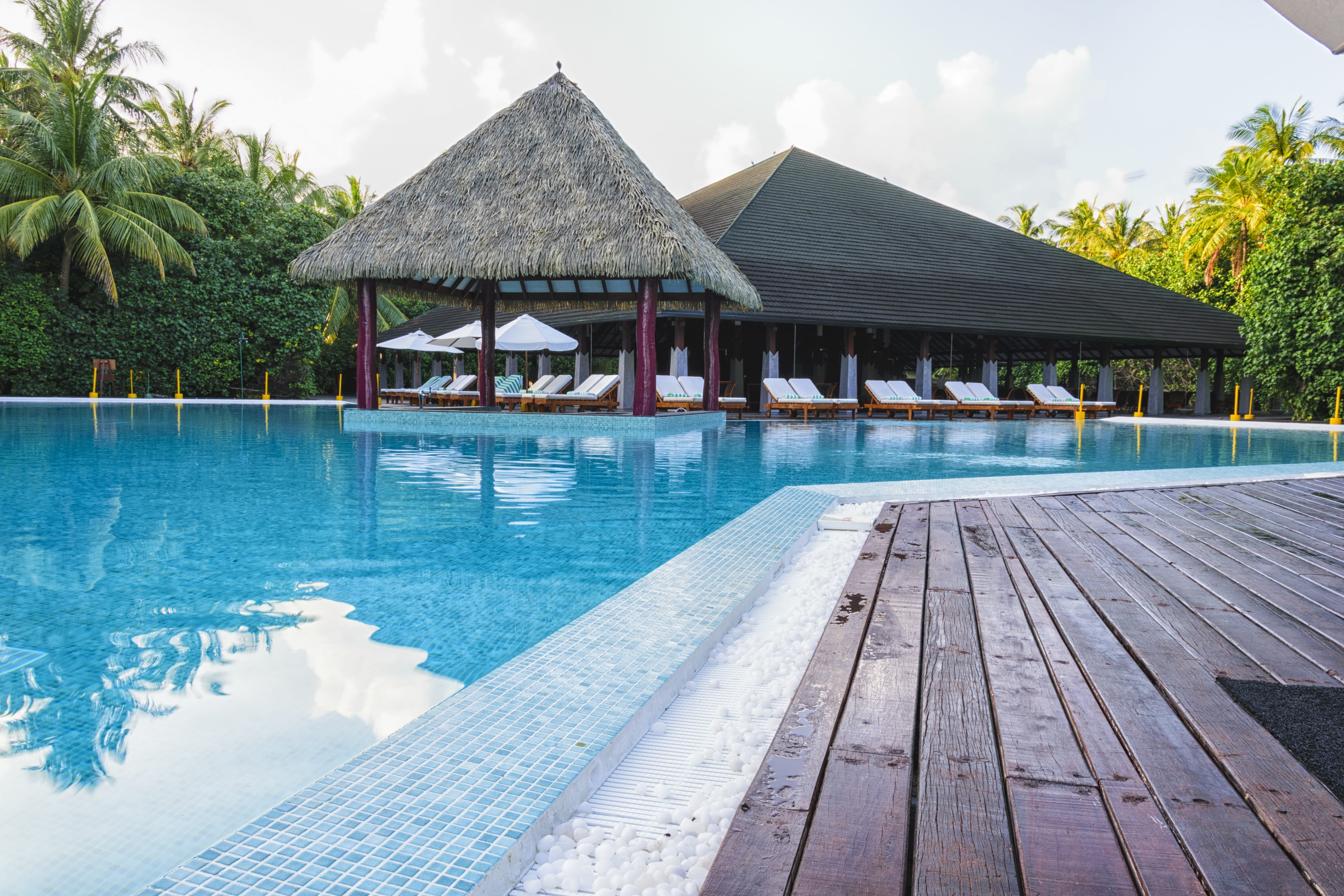 relaxation, Resort, turquoise, atoll, Travel, exotic, roof, vacations, hotel, Holiday, architecture, palm tree, umbrella, swimming pool, tropical, built structure, HD Wallpaper