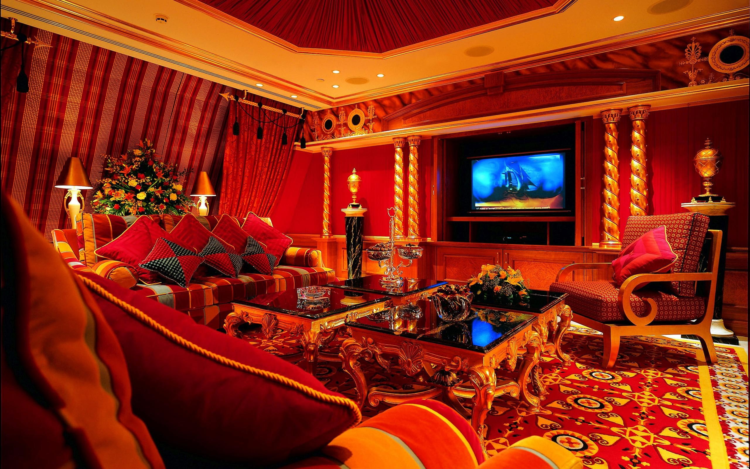 room, lamp, luxurious, carpet, 2560x1600, set, television, sofa, cushion, piece, photography, living, table, 2K, padded, HD Wallpaper
