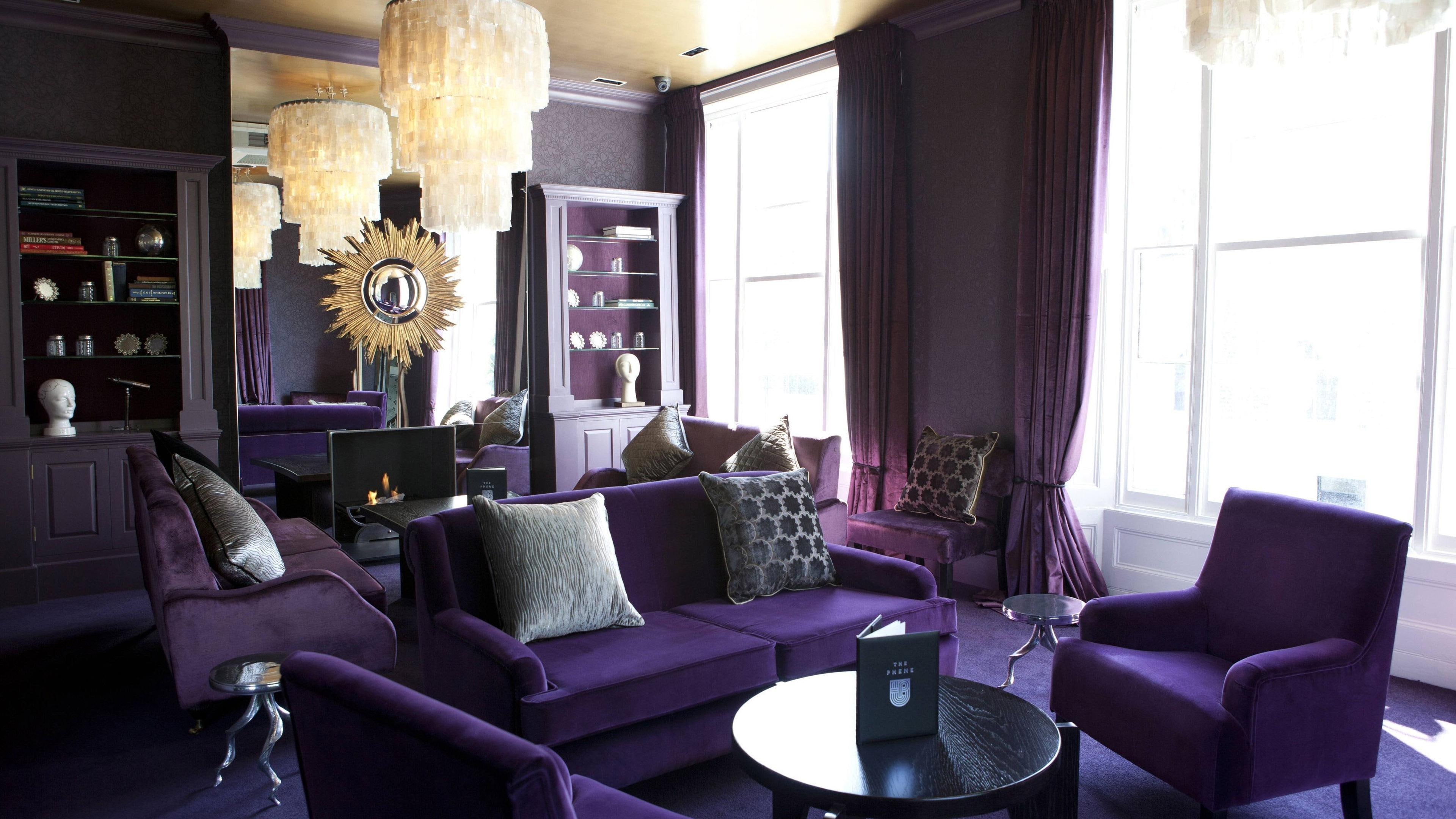 lamp, 3840x2160, purpe, furniture, photography, interior design, couch, chair, room, purple, 4K, living, set, table, HD Wallpaper