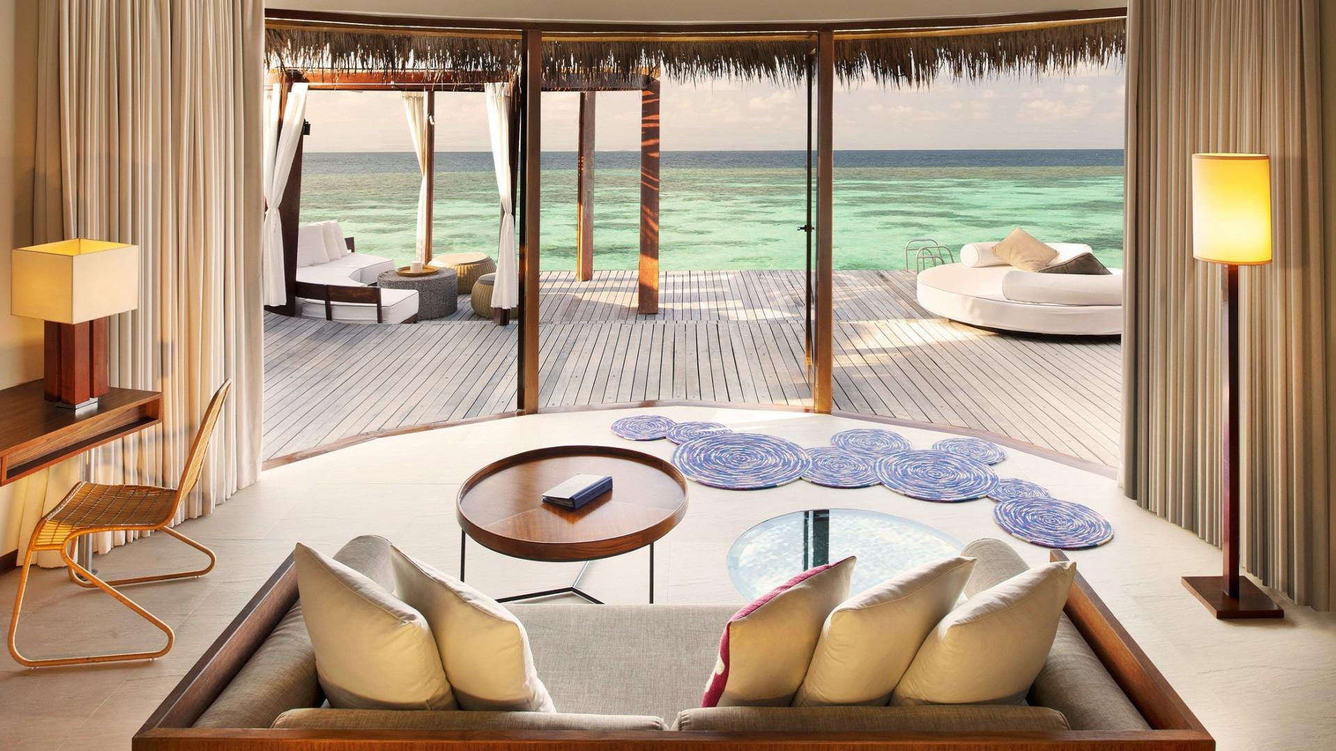 lamp, set, room, living room, sofa, pillow, ocean, 1080P, 1920x1080, photography, amazing, living, HD Wallpaper