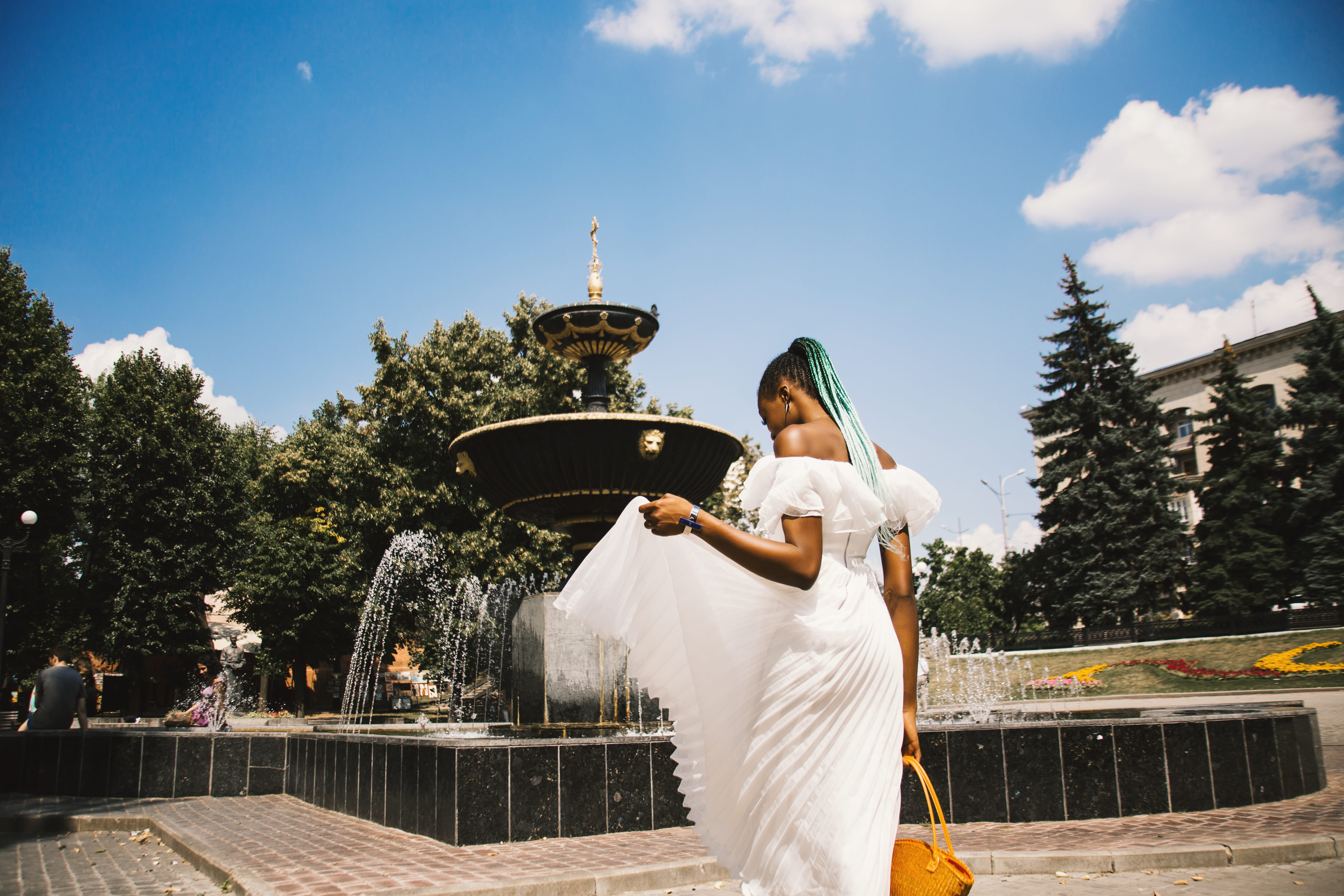 water, architecture, lifestyles, white, 5K, clouds, religion, flowing, standing, women, built structure, nature, daytime, fountain, trees, real people, HD Wallpaper