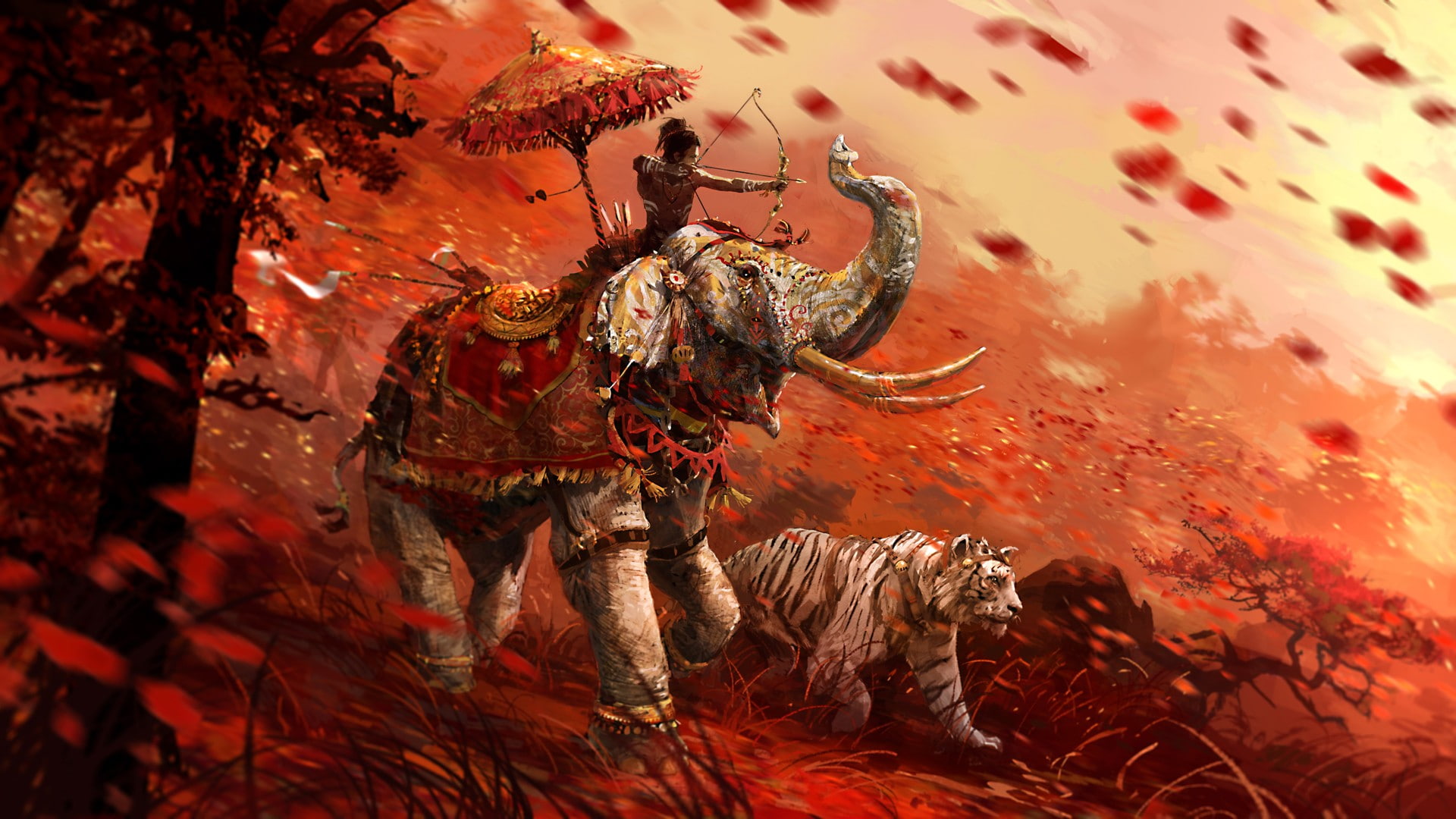 Far Cry 4, white tigers, bow and arrow, 1080P, video games, elephant, HD Wallpaper