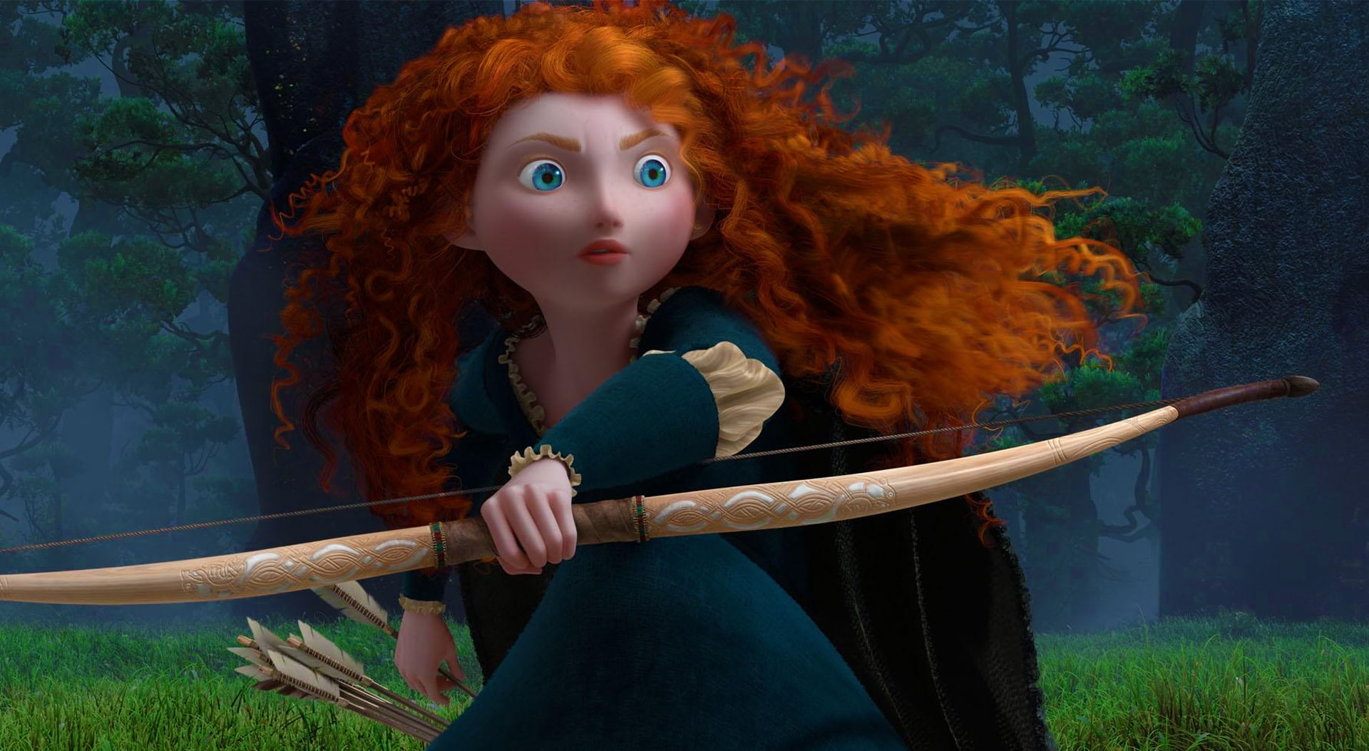 animation, pixar, waist up, casual clothing, Brave, hair, nature, disney, 2012, plant, portrait, hairstyle, front view, beautiful woman, redhead, 1080P, HD Wallpaper