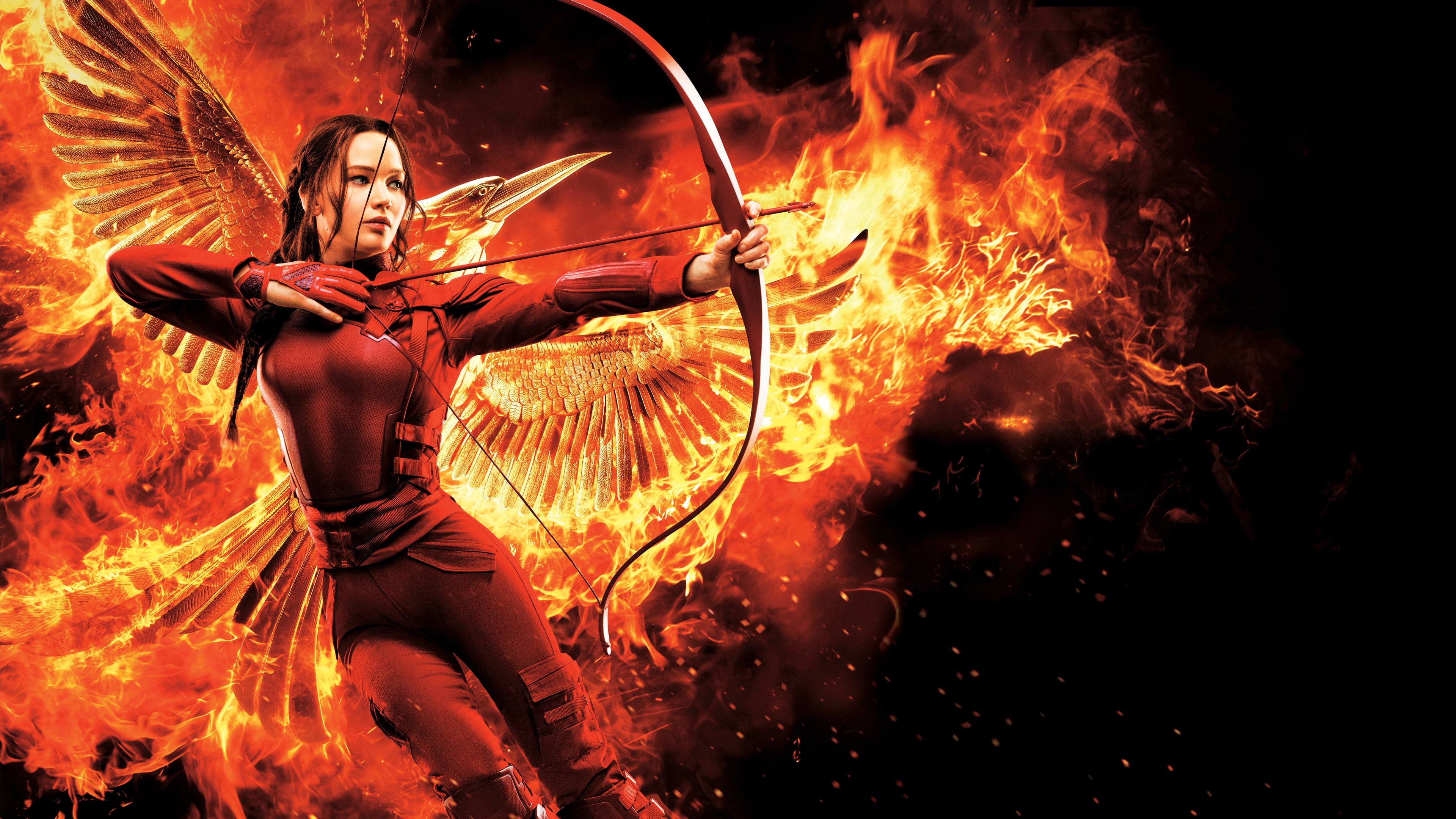 fire, The Hunger Games: Mockingjay - Part 2, shooter, birds, arrows, bow, Katniss Everdeen, 4K, Jennifer Lawrence, HD Wallpaper