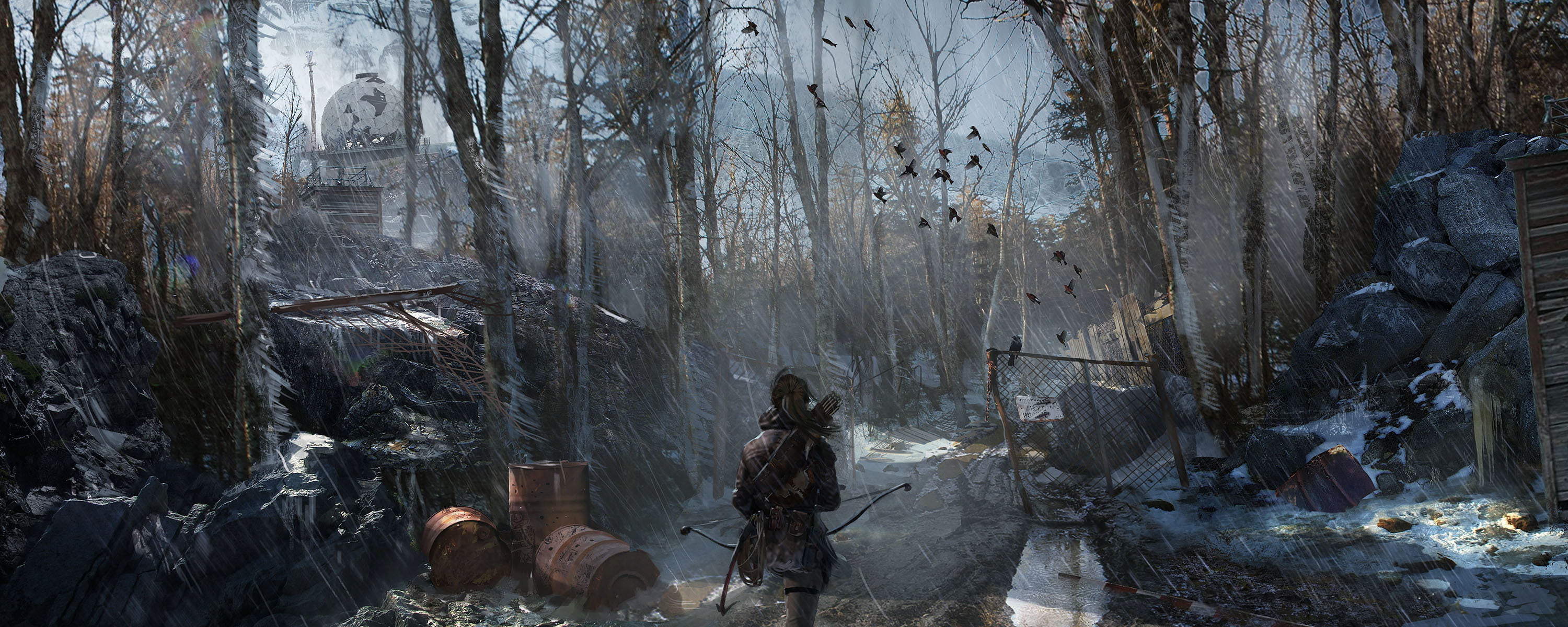 Lara Croft, Barrels, Puddle, vertebrate, day, Building, leisure activity, outdoors, Rope, Rain, Tower, Arrows, men, Trees, Water, Road, The fence, nature, HD Wallpaper