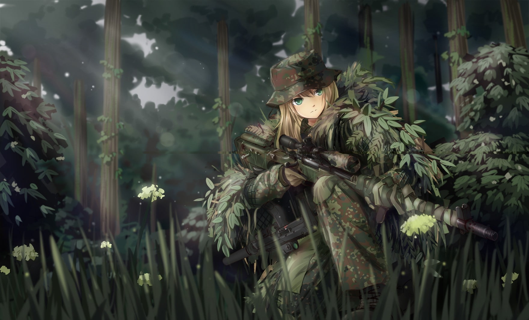 Original Characters, 720P, forest, gun, anime, MP7, soldier, TC1995, military, weapon, fantasy Art, Anime Girls, camouflage, Sniper Rifle, Manga, Ghillie, HD Wallpaper