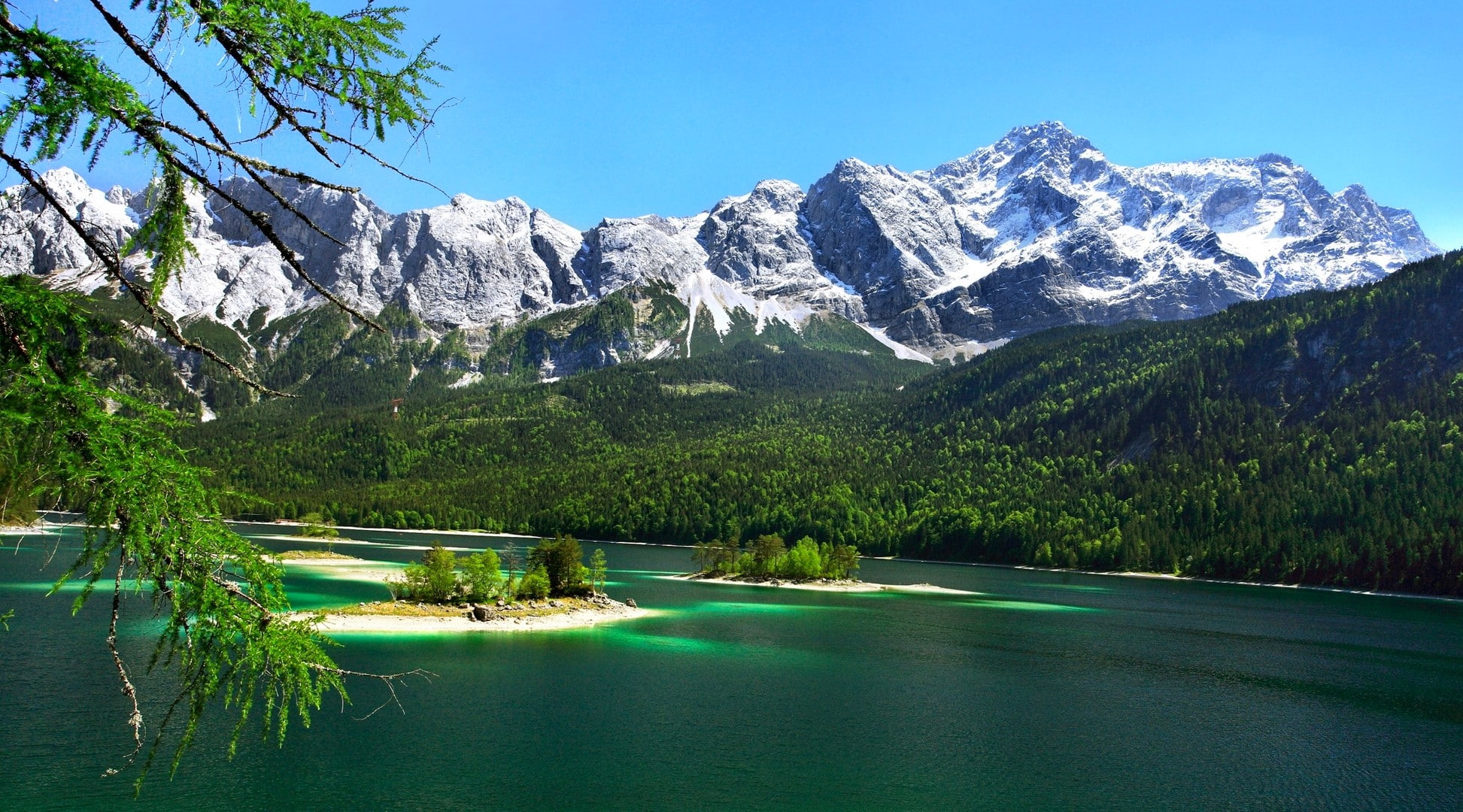 snowy peak, emerald, nature, landscape, lake, trees, 1080P, forest, mountains, Germany, water, HD Wallpaper
