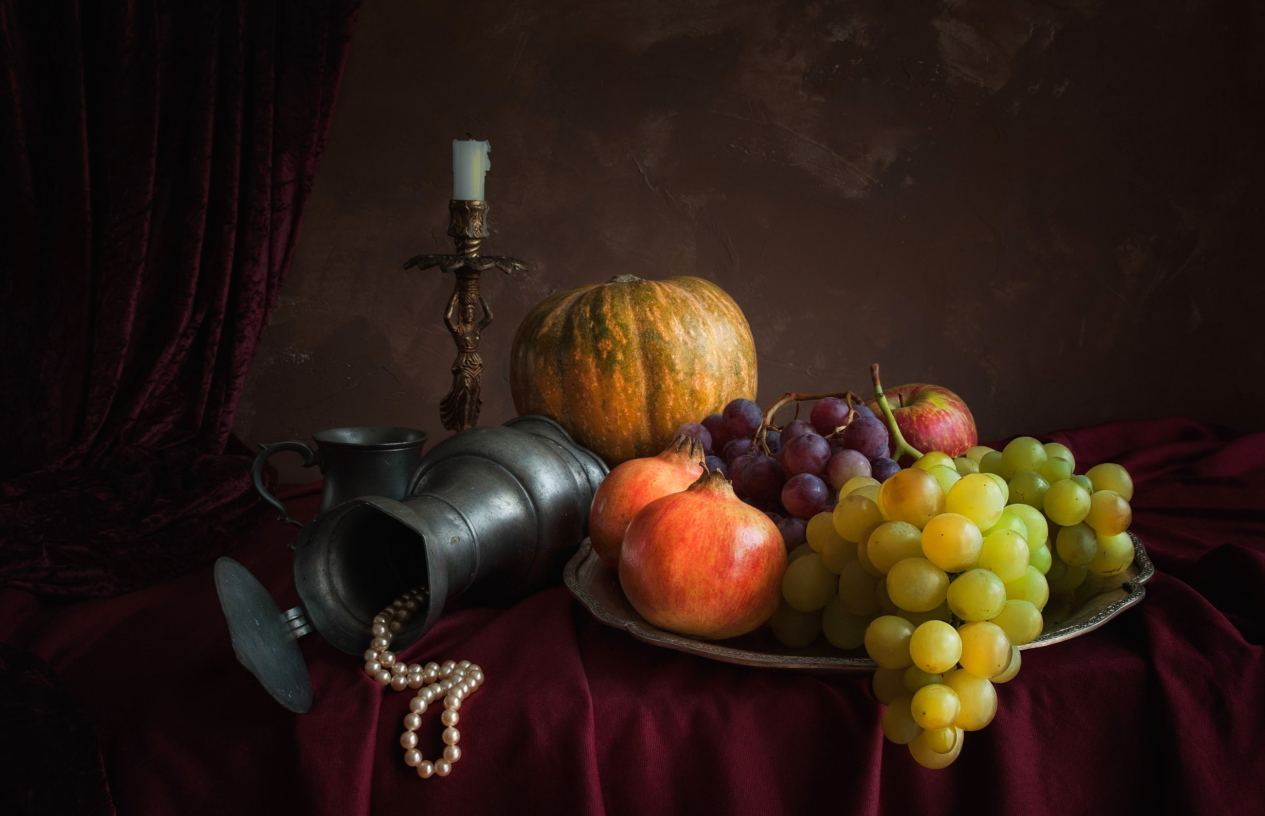 pitcher, still life, Apple, candle, 2K, pumpkin, necklace, garnet, grapes, HD Wallpaper