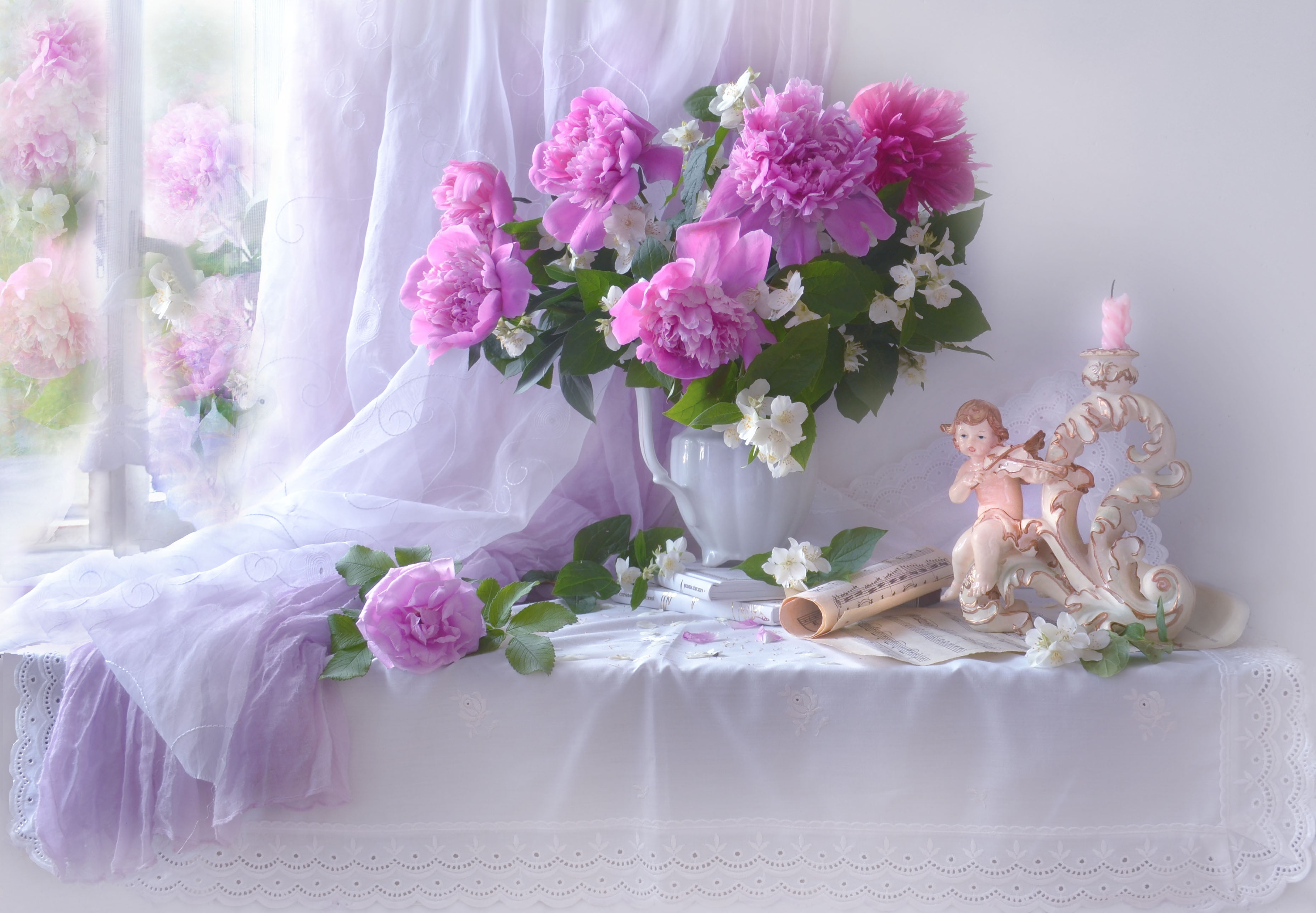 candle, branches, books, flowers, figure, 2K, fabric, rose, still life, window, table, Jasmine, Valentina Fencing, pitcher, notes, girl, peonies, HD Wallpaper