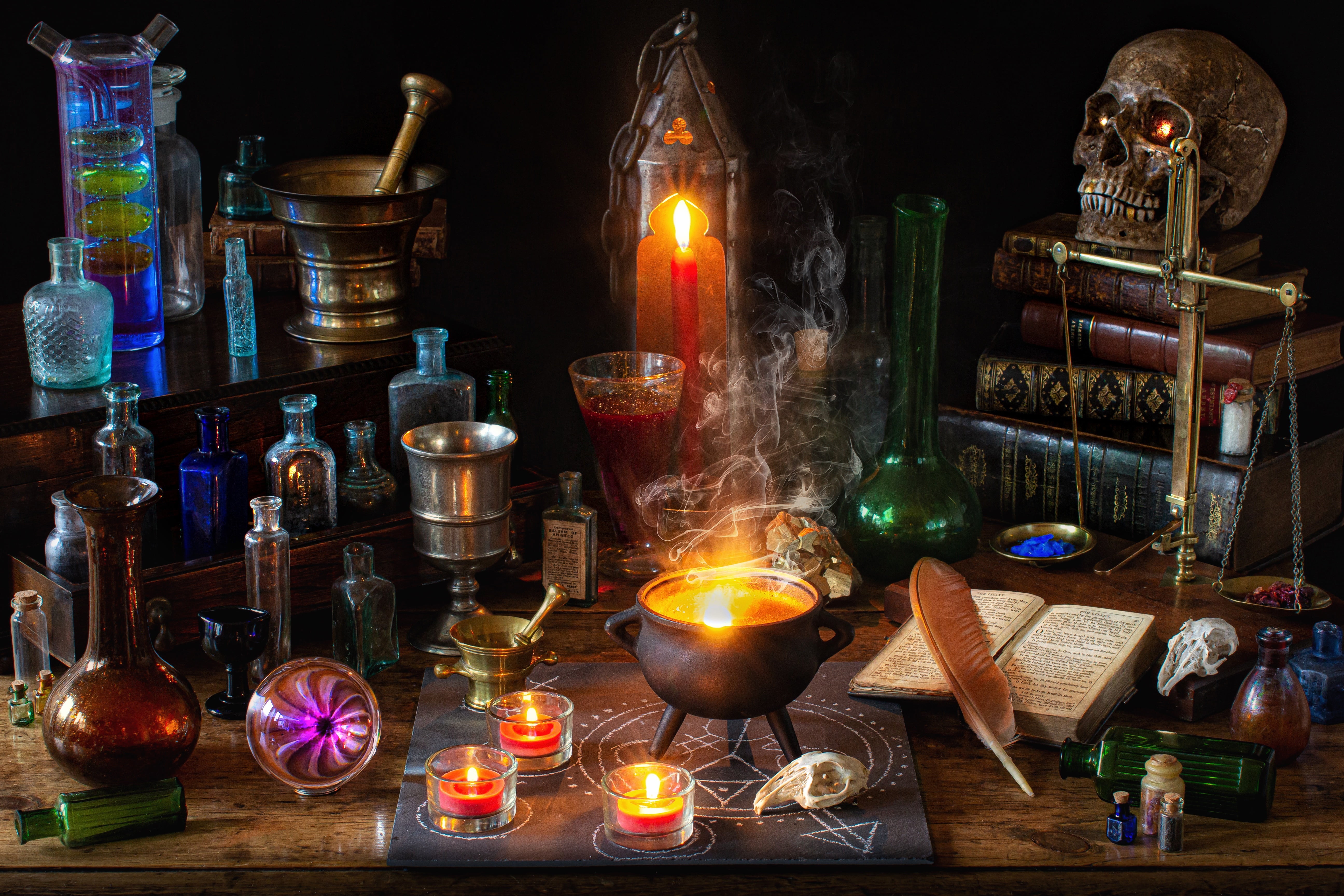 pen, candles, bubbles, witchcraft, skull, bulb, mortar, books, magic, Halloween, bowler, 5K, Libra, HD Wallpaper