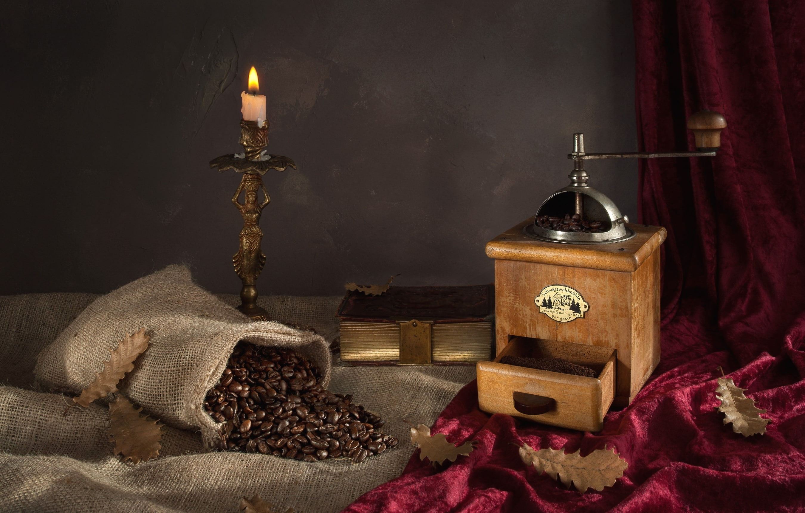 grain, still life, book, bag, coffee grinder, 2K, leaves, coffee, candle, HD Wallpaper