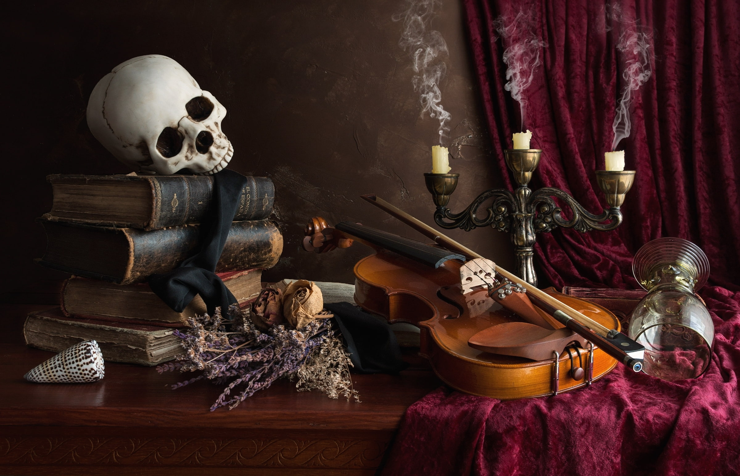the dried flowers, violin, skull, candles, books, brown, 1080P, still life, glass, HD Wallpaper