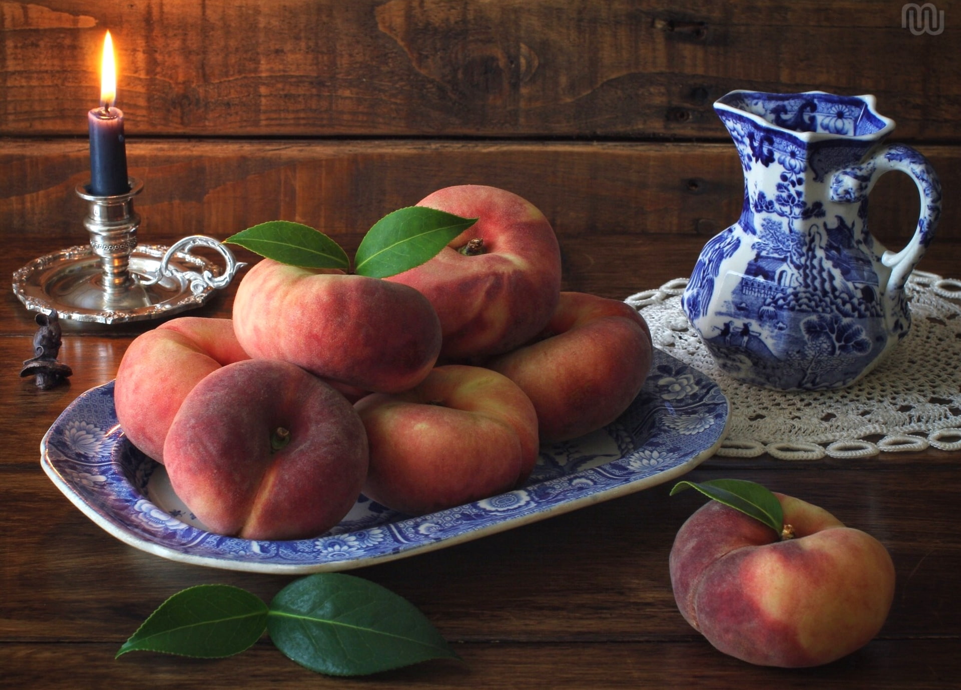 peaches, candle, pitcher, still life, leaves, 1080P, HD Wallpaper
