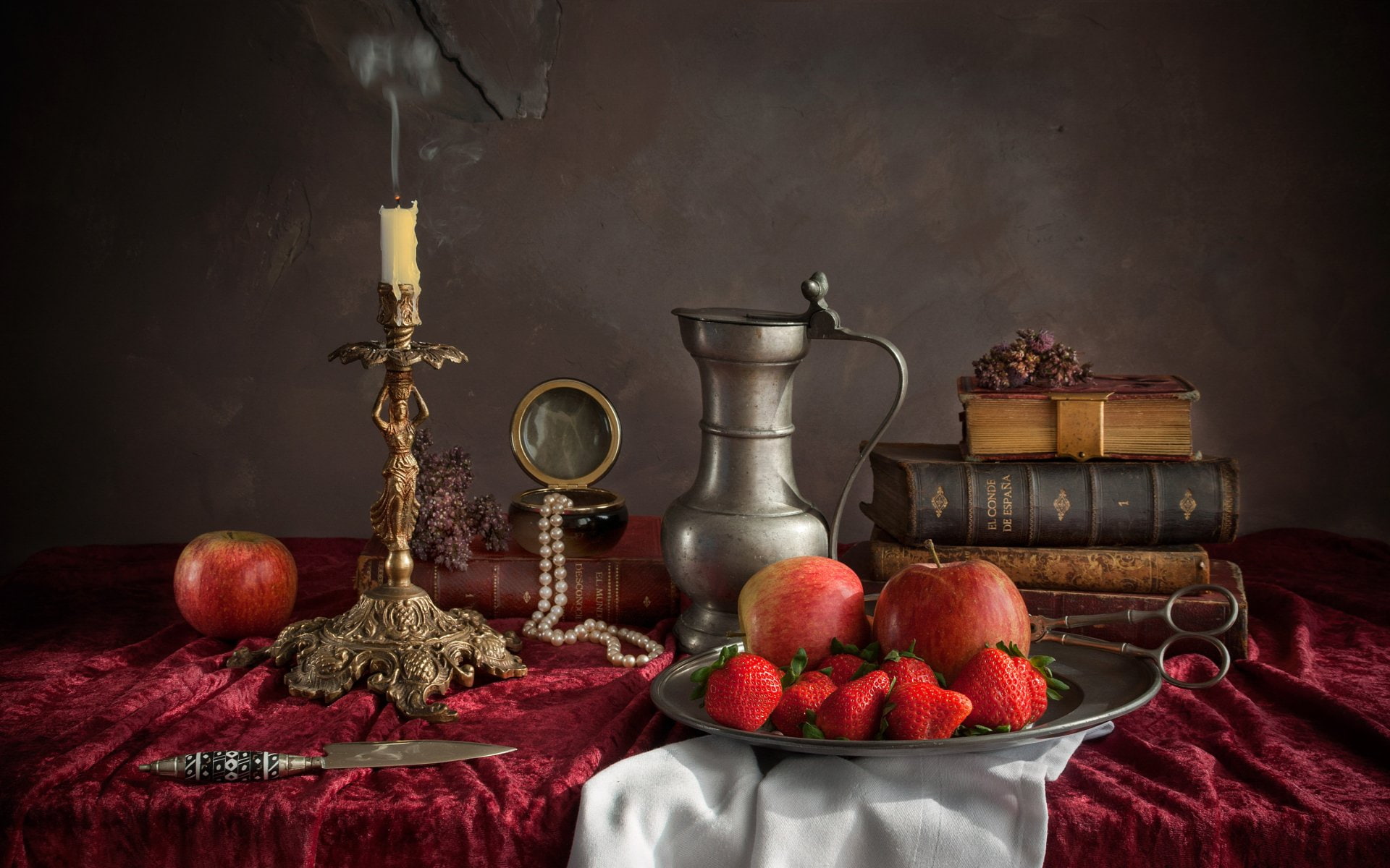 1080P, Book, Pitcher, Photography, Candle, Pearl, Apple, Knife, Strawberry, Still Life, HD Wallpaper