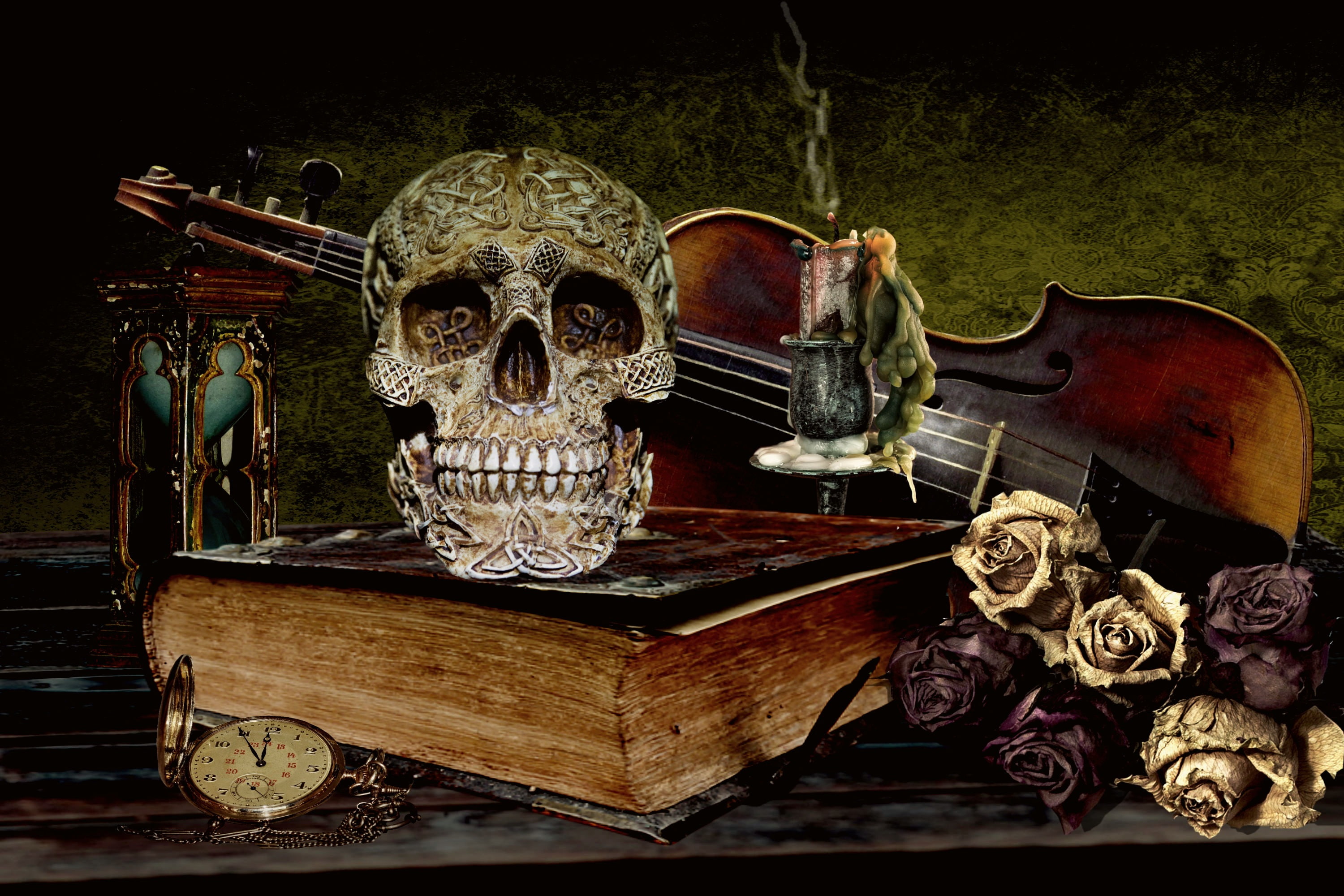 Photography, Book, Flower, Rose, Candle, Pocket Watch, 2K, Still Life, Skull, Hourglass, Violin, HD Wallpaper