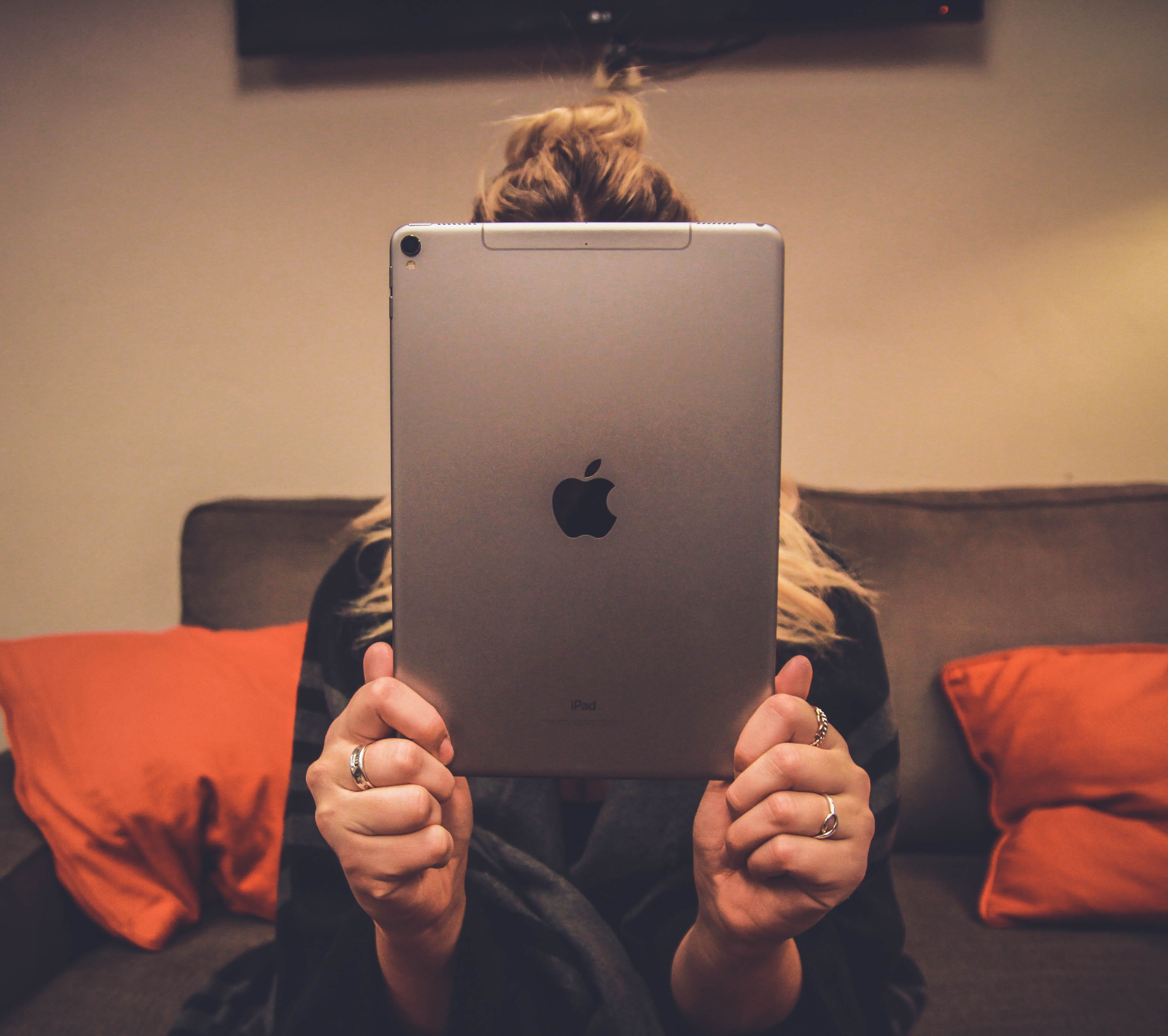 iphone, front view, ipad pro, leisure activity, casual clothing, lifestyles, communication, school supplies, space gray, apple ipad pro, sofa, hair, apple, HD Wallpaper