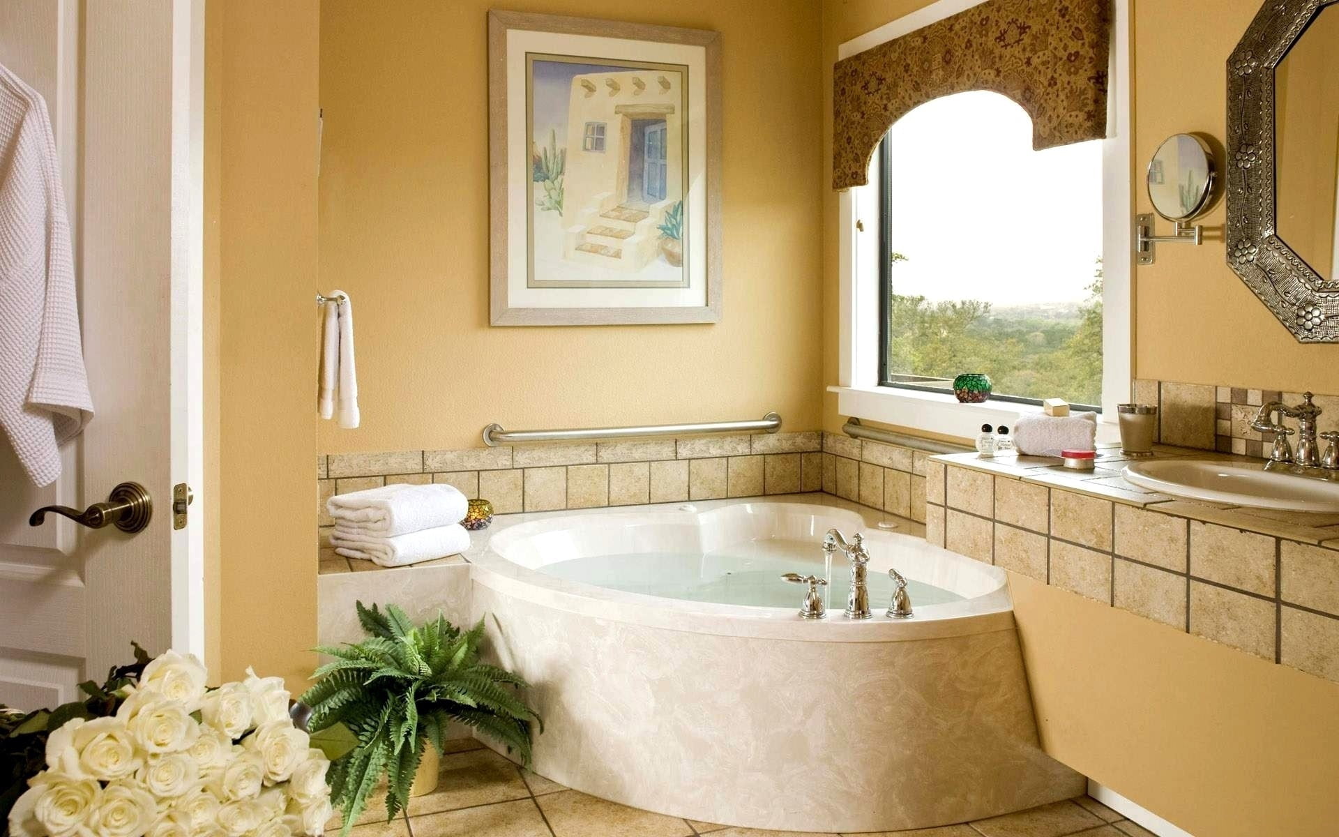 modern, hotel, window, mirror, sink, home, architecture, towel, bath, flooring, washing, light, 1080P, plant, nature, bathtub, comfort, clean, no People, HD Wallpaper