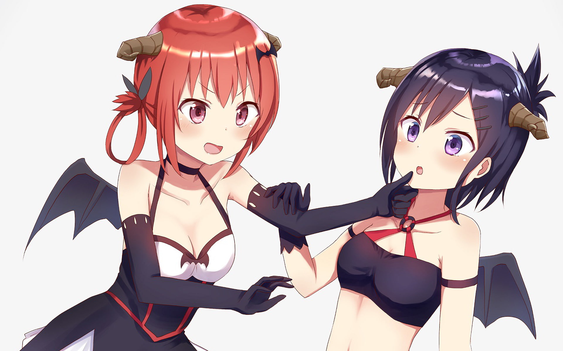 standing, Gabriel DropOut, flirting, Vignette Tsukinose April, Satanichia Kurumizawa McDowell, females, heterosexual couple, cartoon, portrait, Anime, couple - relationship, HD Wallpaper