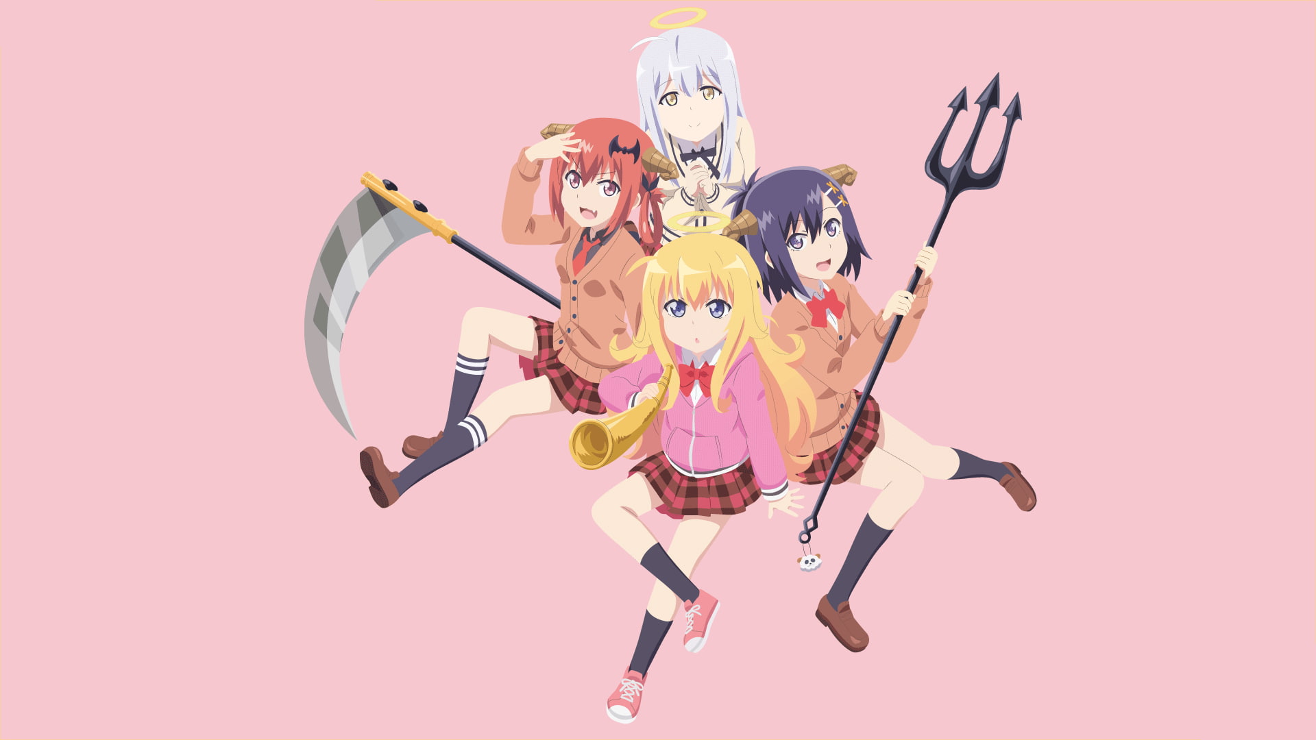 anime girls, school uniform, Gabriel White Tenma, simple background, anime, minimalism, Vignette Tsukinose April, Raphiel Ainsworth Shiraha, Raphiel " Raphi" Shiraha Ainsworth, HD Wallpaper