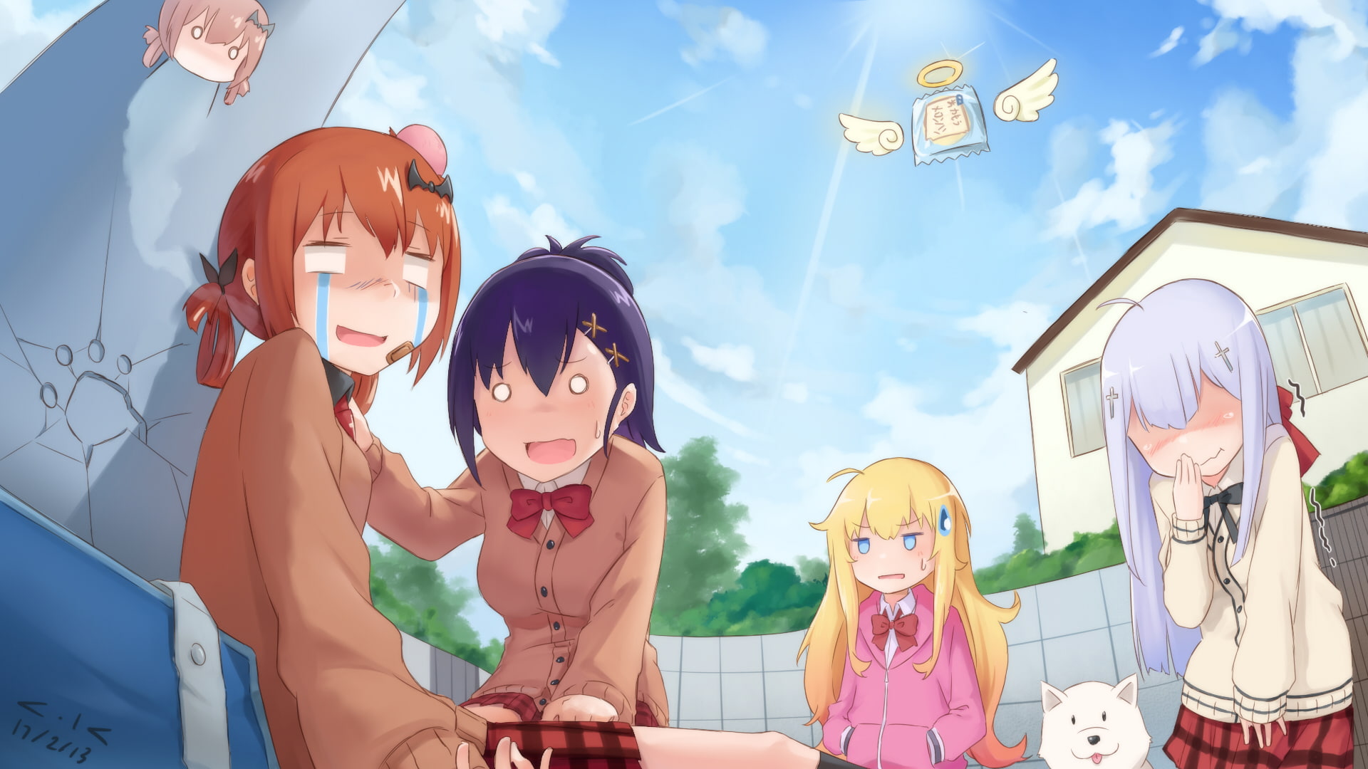 Gabriel White Tenma, blonde, school uniform, long hair, short hair, Gabriel Dropout, blue eyes, Raphiel " Raphi" Shiraha Ainsworth, Satanichia McDowell Kurumizawa, HD Wallpaper