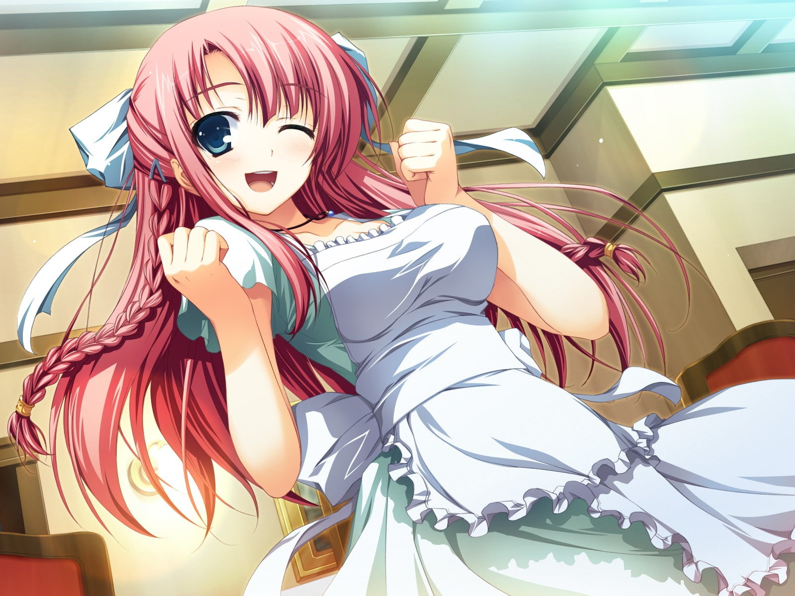 720P, Nikaidoh Aya, blue eyes, apron, anime, Akatsuki no Goei, anime girls, pink hair, HD Wallpaper