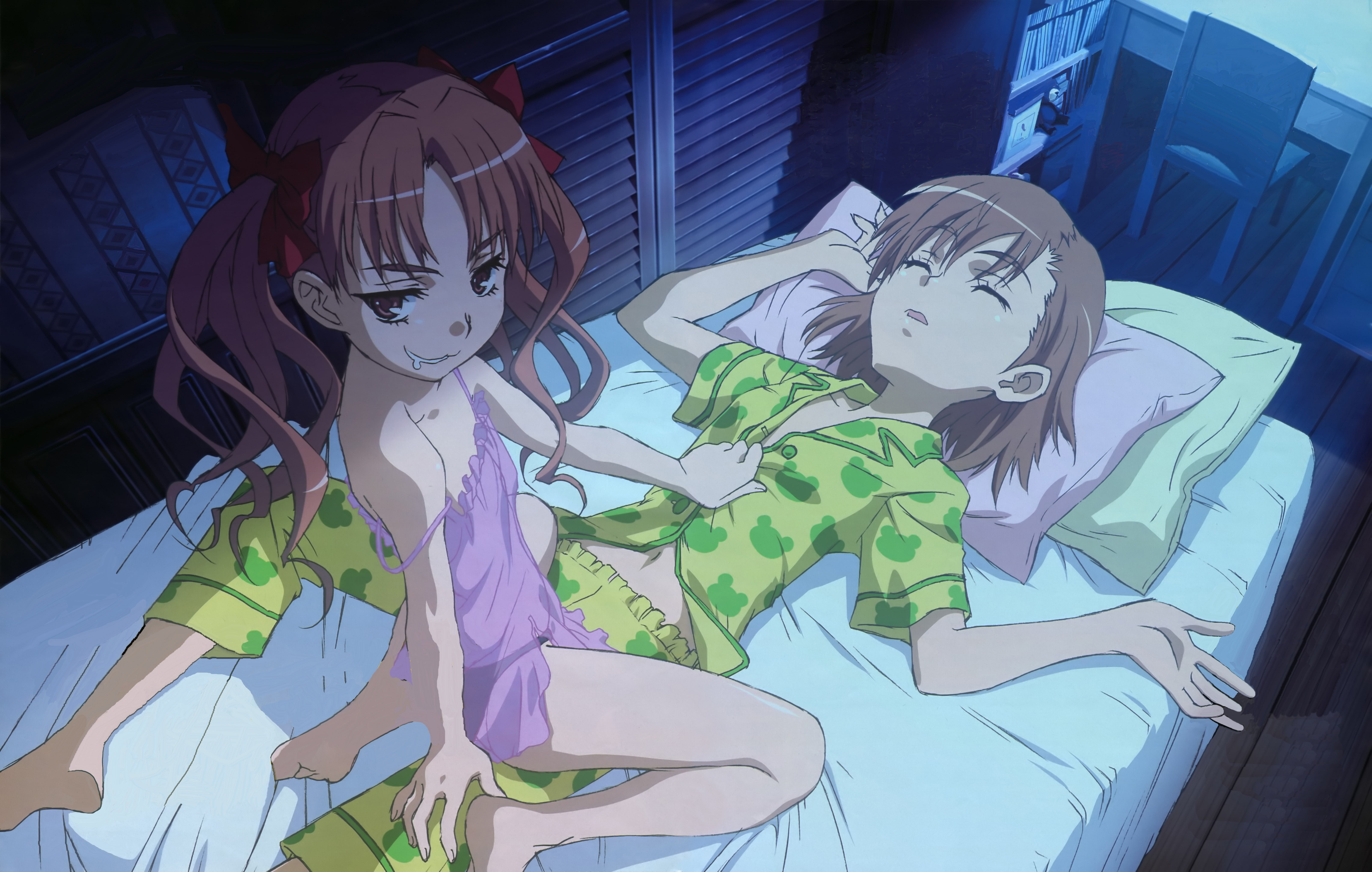 Shirai Kuroko, lesbians, Misaka Mikoto, To Aru Kagaku no Railgun, anime, in bed, To aru Majutsu no Index, 5K, anime girls, HD Wallpaper