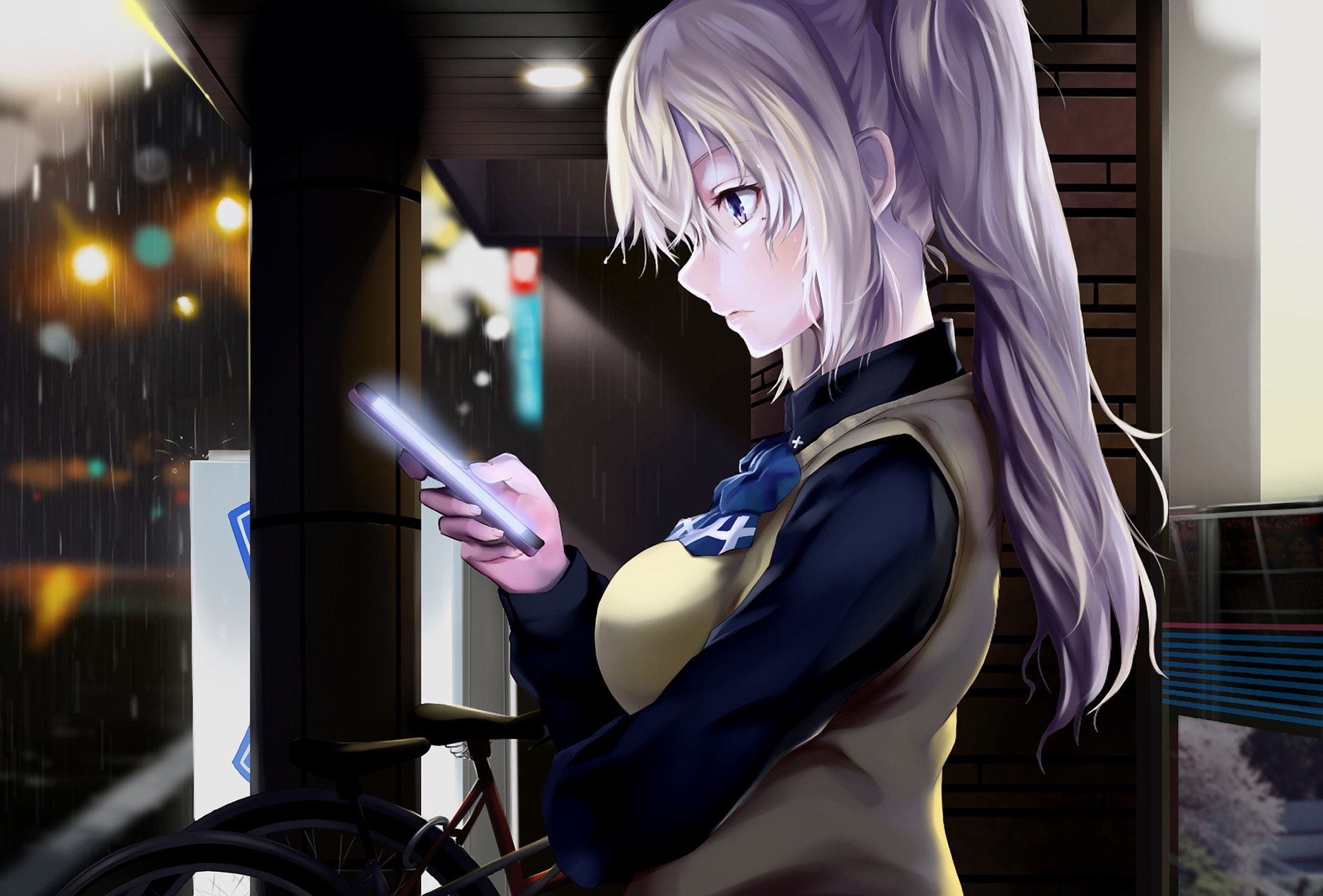 Myriad Colors Phantom World, Anime, Long Hair, White Hair, Mai Kawakami, Purple Eyes, 720P, Smartphone, Rain, Musaigen no Phantom World, Twintails, bow, HD Wallpaper