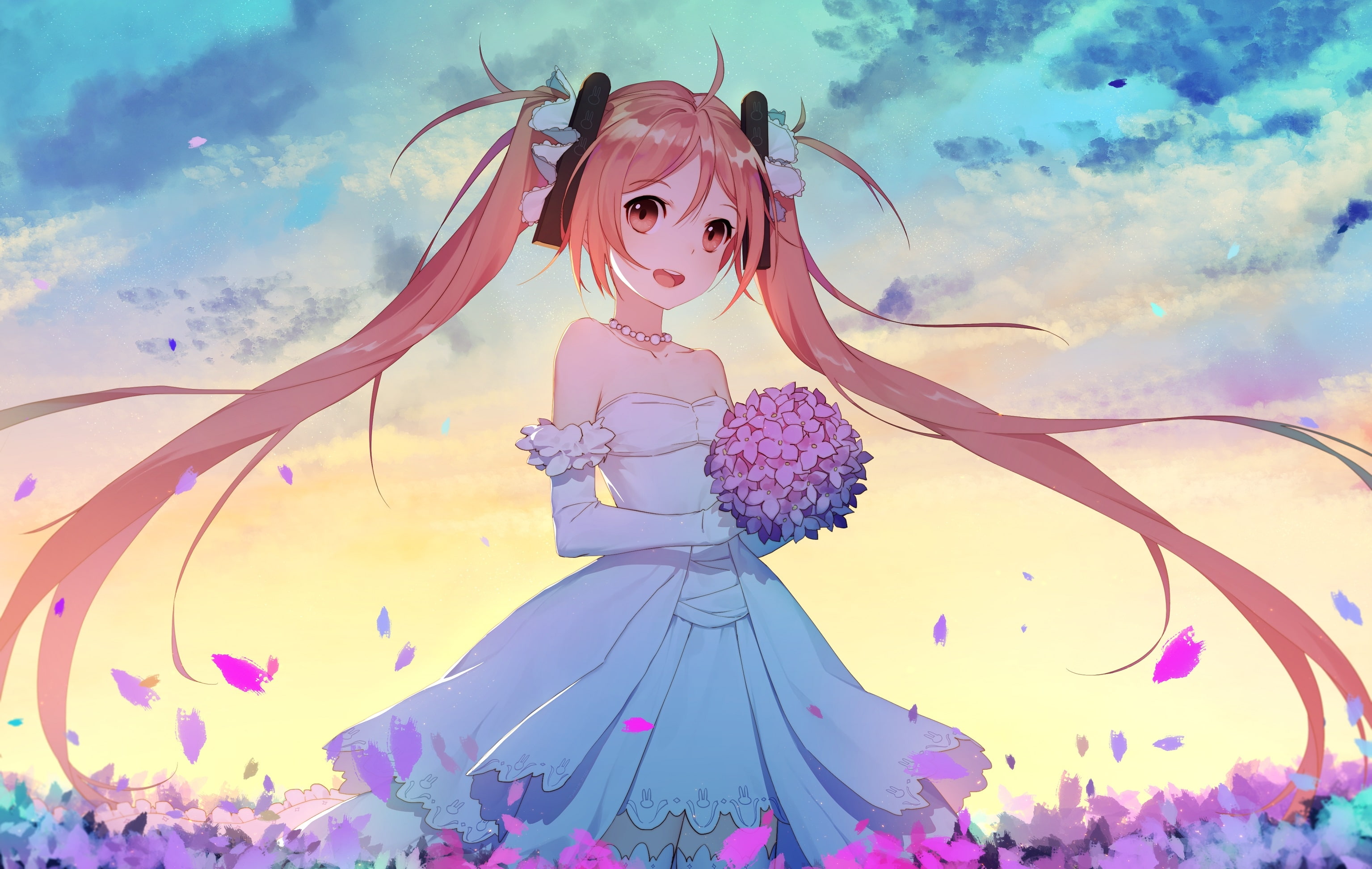 smiling, 2K, aihara enju, loli, twintails, black bullet, bride, Anime, wedding dress, HD Wallpaper