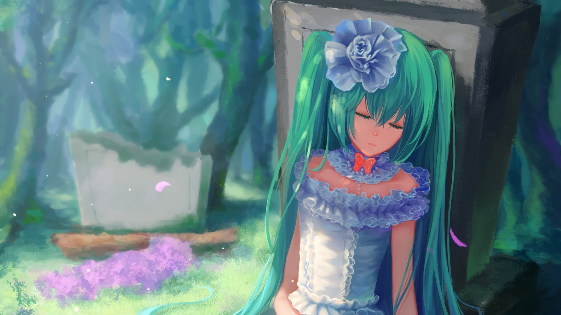 adult, three quarter length, one person, nature, Vocaloid, plant, real people, sleeping, lifestyles, fashion, indoors, twintails, standing, day, women, HD Wallpaper