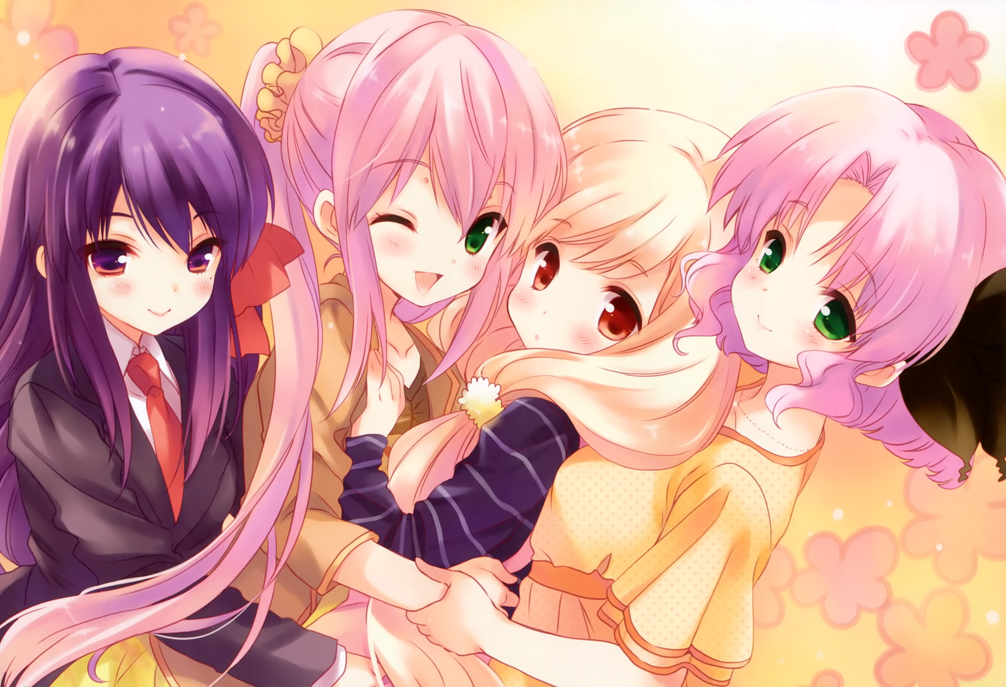 kyouko, green, pink, koharu, red, sourire, ogiwara, yukishita, cafe, hair, 1080P, cuffs, mizushima, miyuri, kasumi, serika, blonde, eyes, sakura, HD Wallpaper