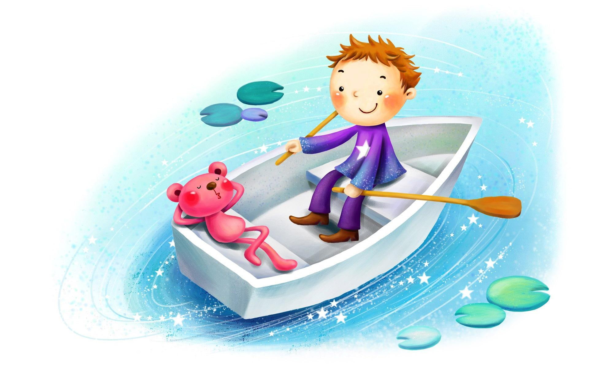 white, child, 1920x1200, boy, teddy, animated, bear, artistic, boat, 1080P, HD Wallpaper
