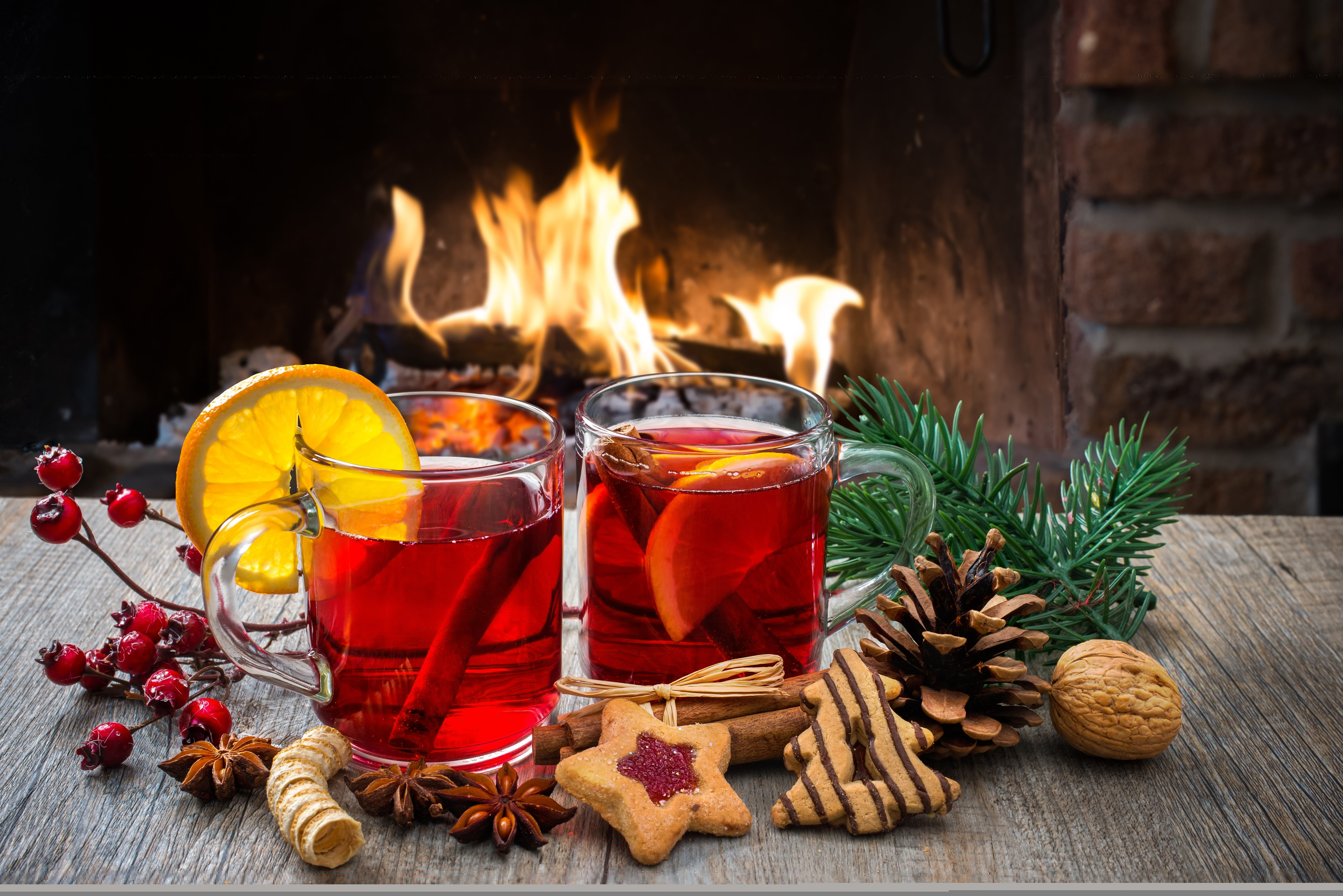 christmas, fireplace, close-up, cookies, decoration, glass, anise, drink, clear, winter, celebration, juice, indoors, two, nature, focus on foreground, HD Wallpaper