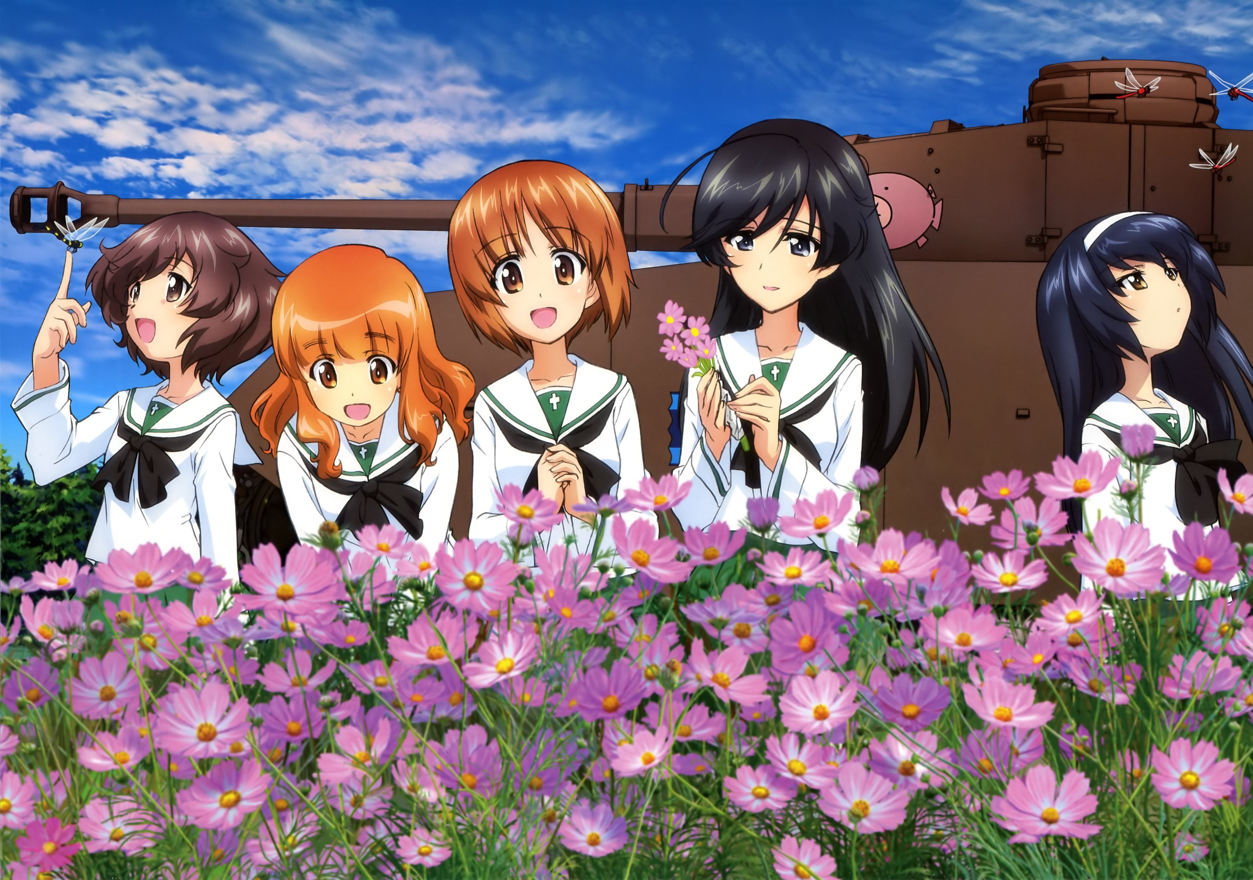 girls, mako, flowers, 4K, seifuku, takebe, saori, panzer, isuzu, nishizumi, hana, miho, und, reizei, akiyama, yukari, HD Wallpaper